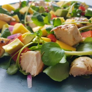 Mango and chicken salad on a plate.