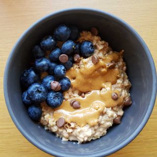 A bowl of chocolate peanut butter oatmeal.