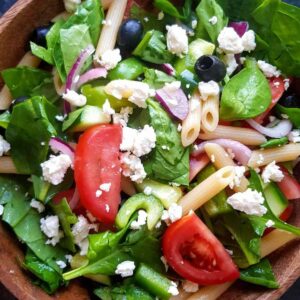 greek salad with penne.