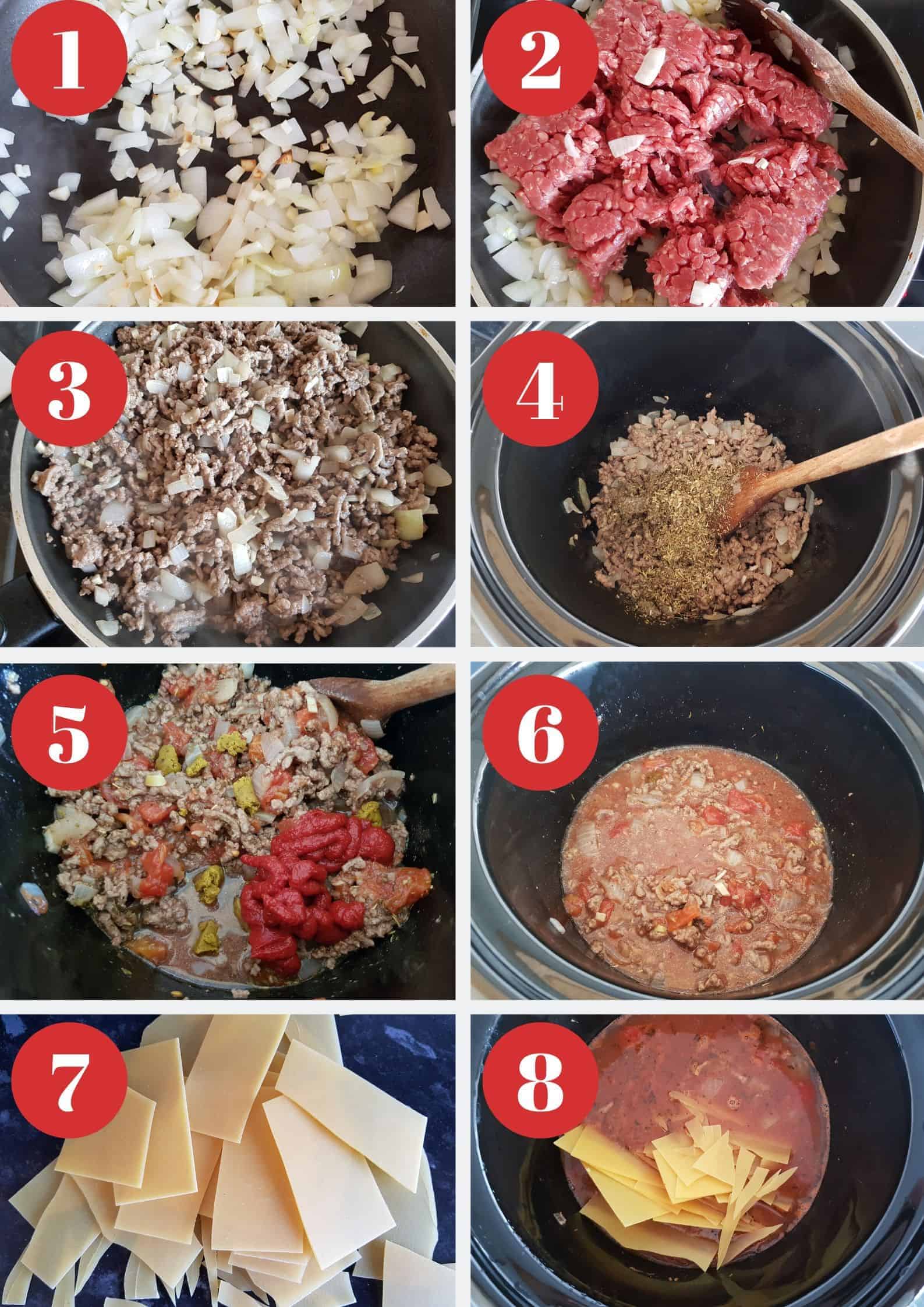 Infographic showing How to make slow cooker lasagna soup.