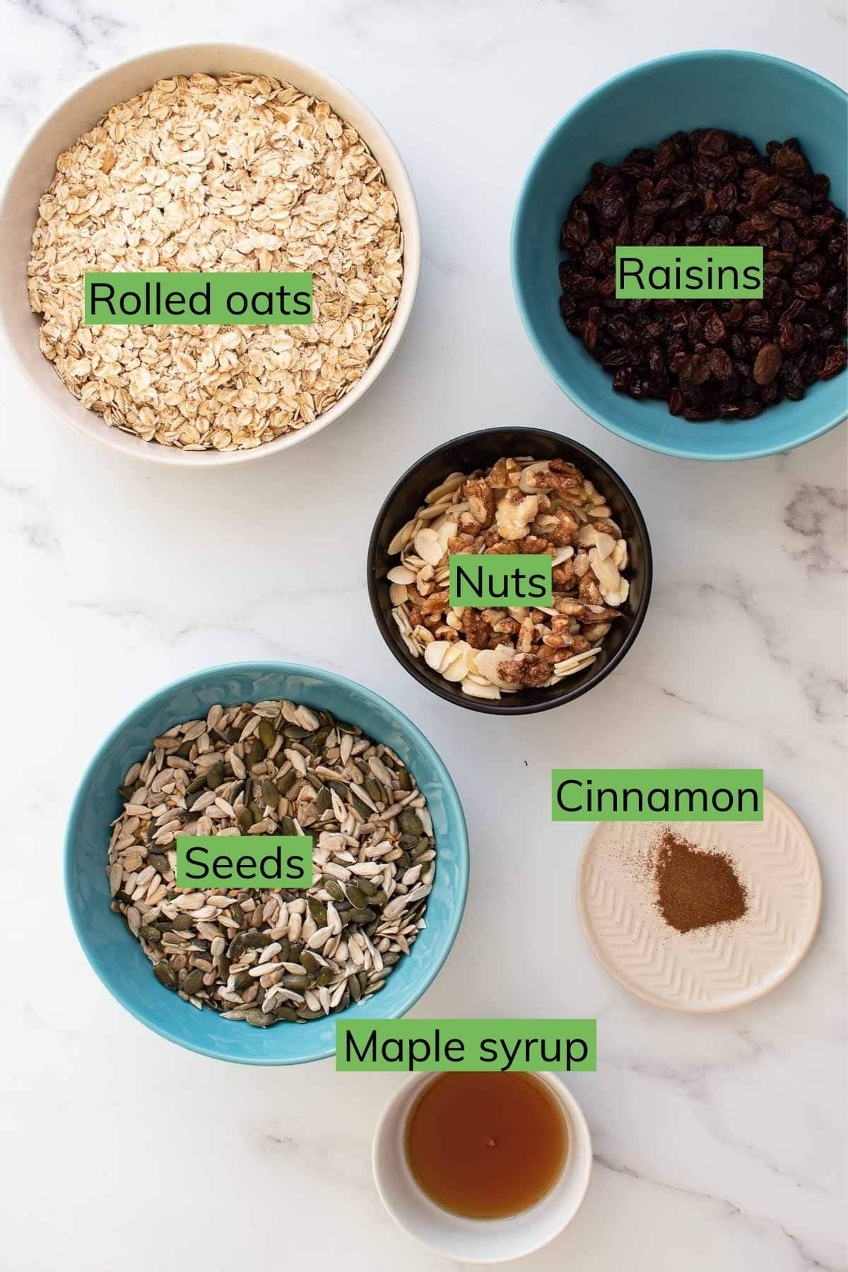 The ingredients for Toasted Muesli laid out on a table.