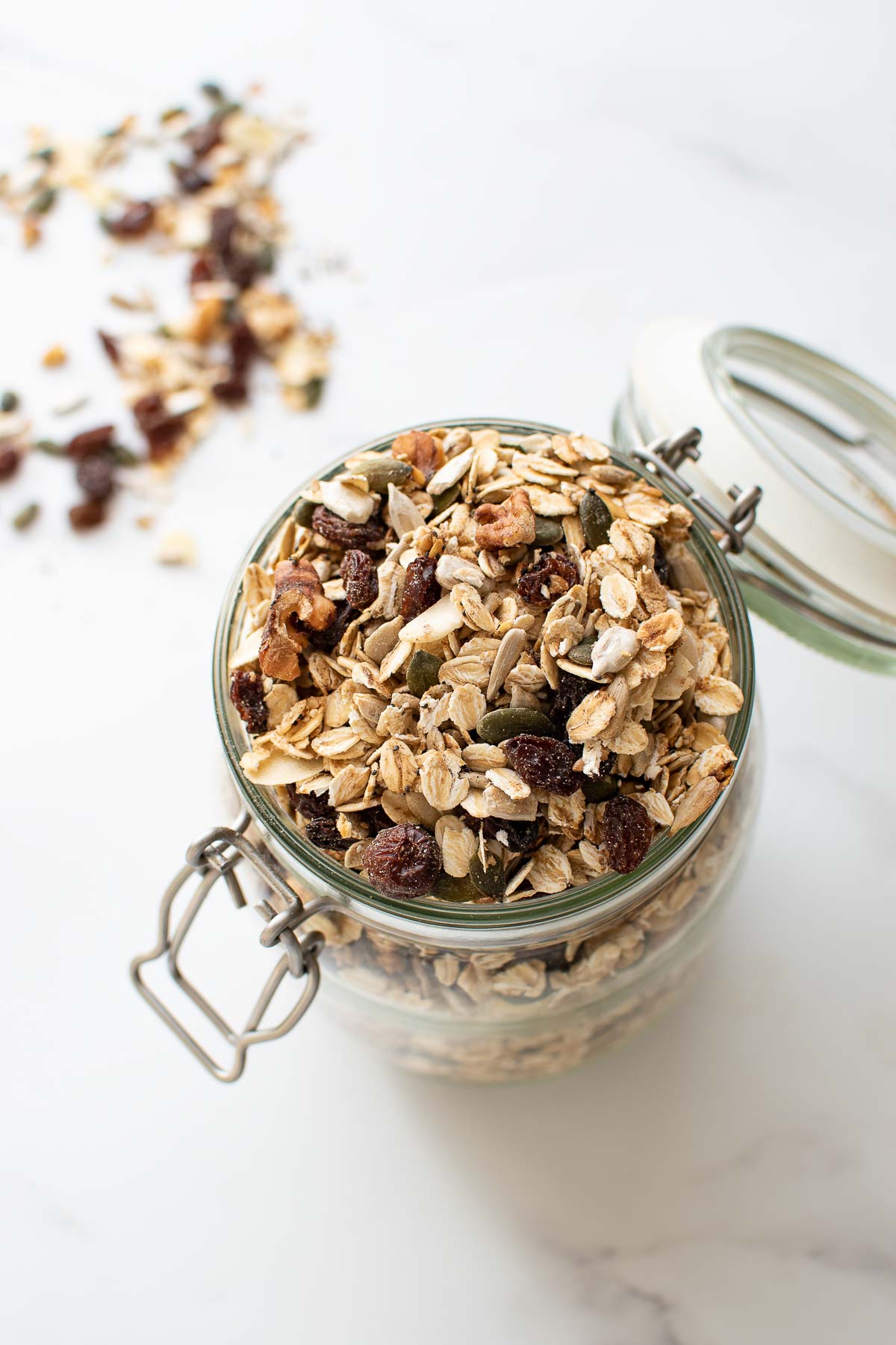 Toasted muesli in a mason jar.