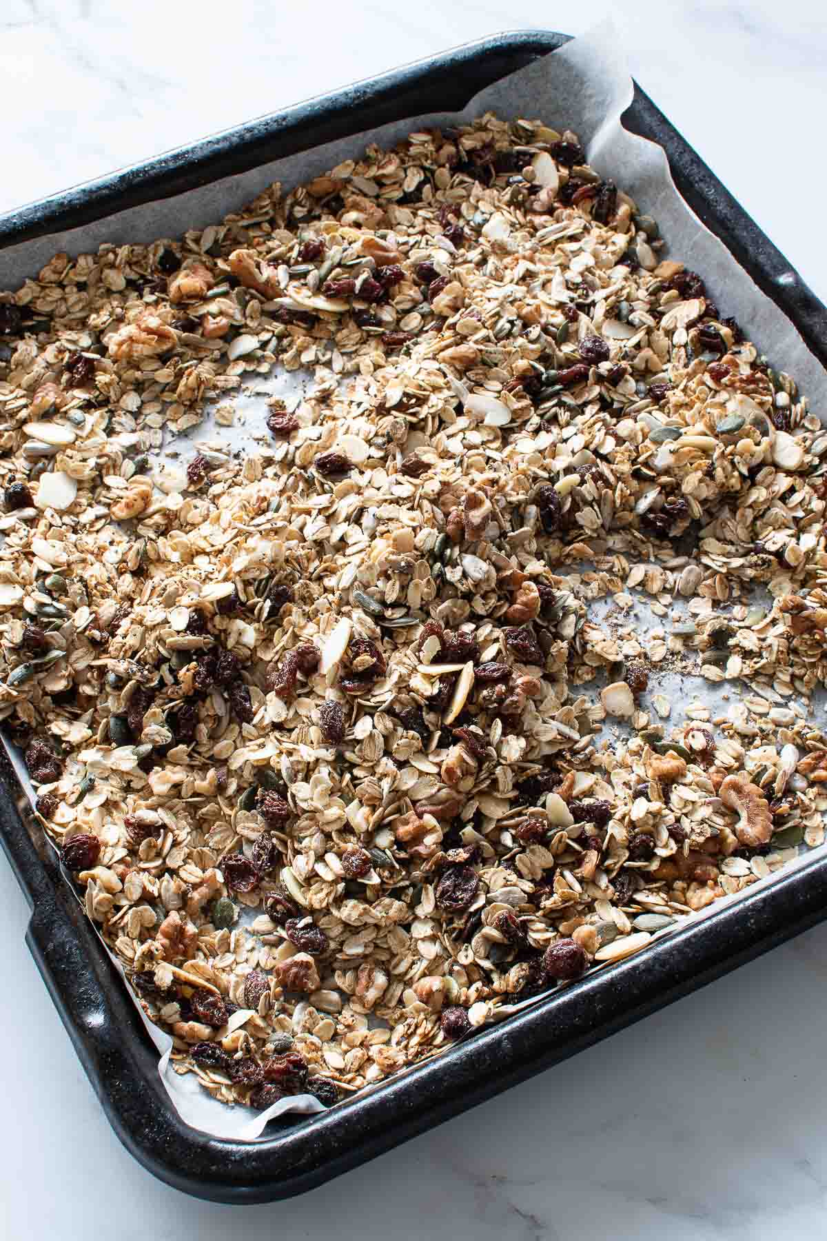 Baked muesli on a baking sheet.