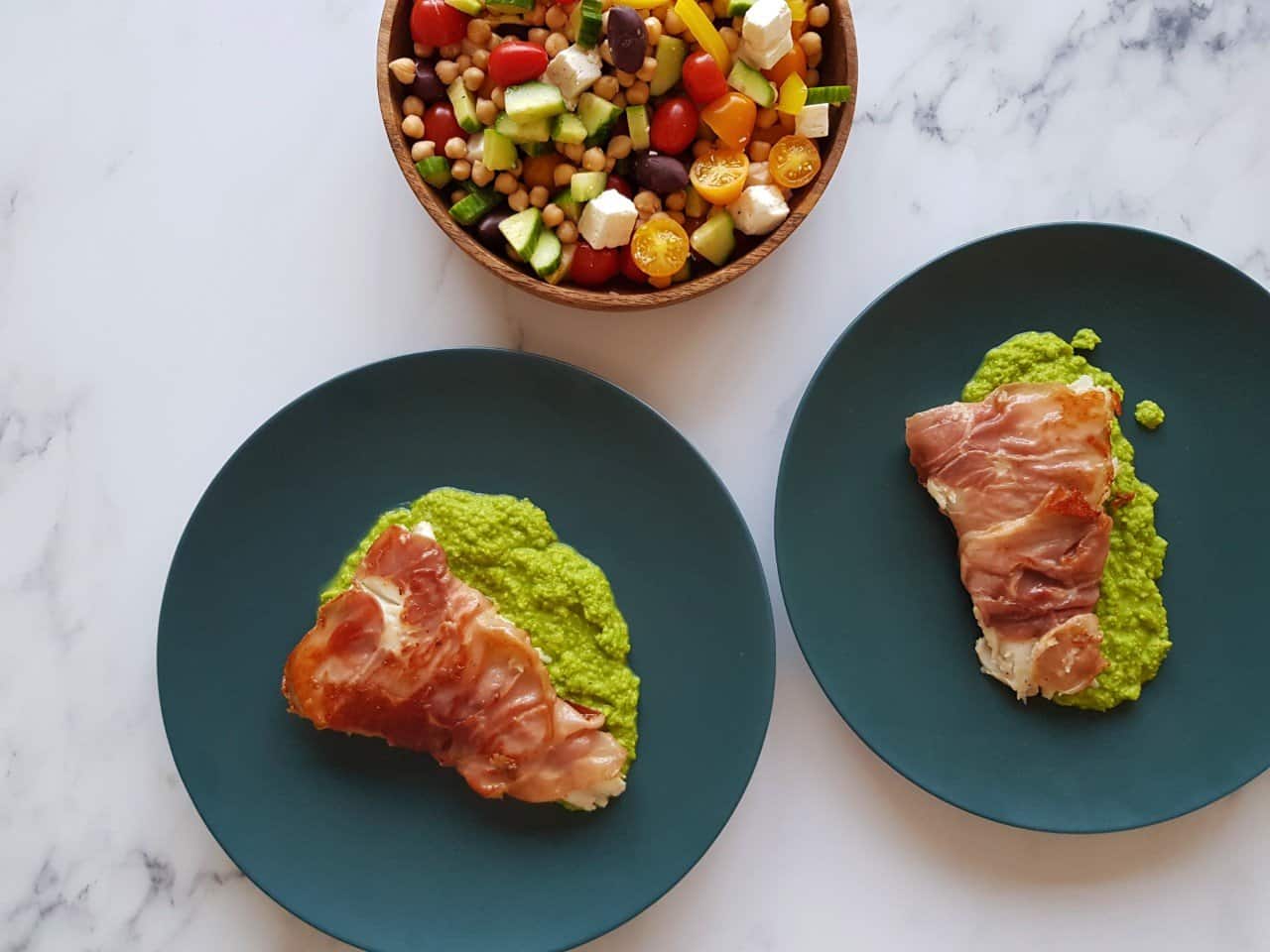 Cod wrapped in prosciutto with peas
