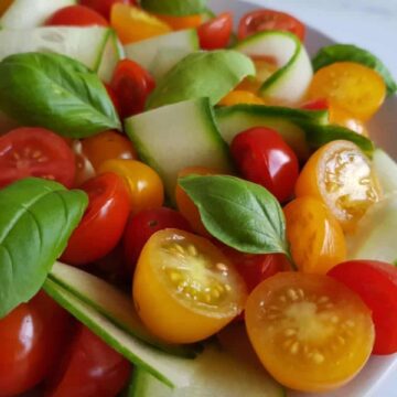 Close up of tomato and cucumber salad.