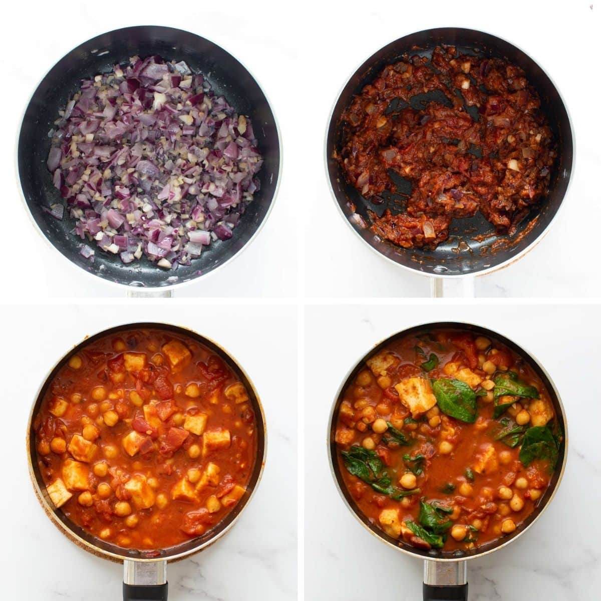 Step by step images showing how to make Chickpea and Halloumi Curry.