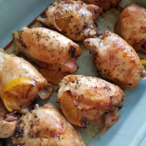 a tray with lemon chicken thighs.