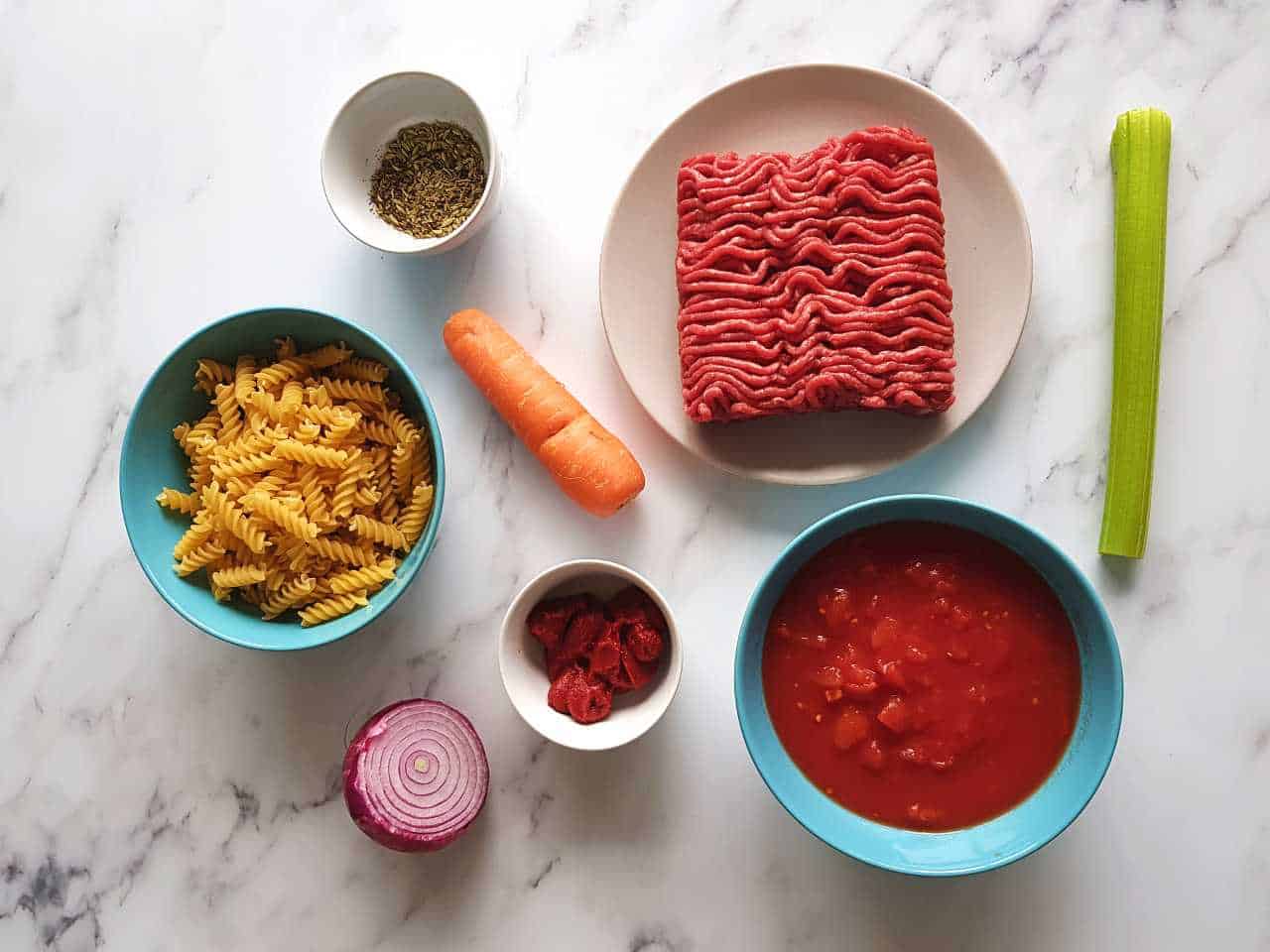 Ingredients for a beef pasta bake.