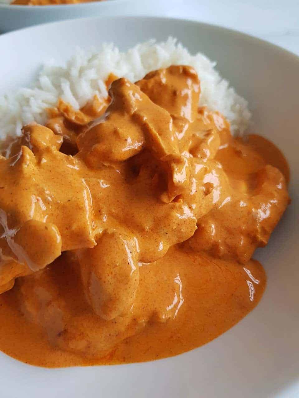 Chicken paprikash with rice on a white plate.