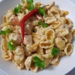 close up of pasta with chicken and peppers.