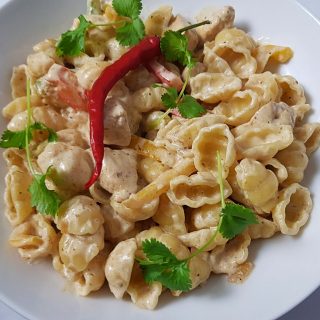 close up of pasta with chicken and peppers.