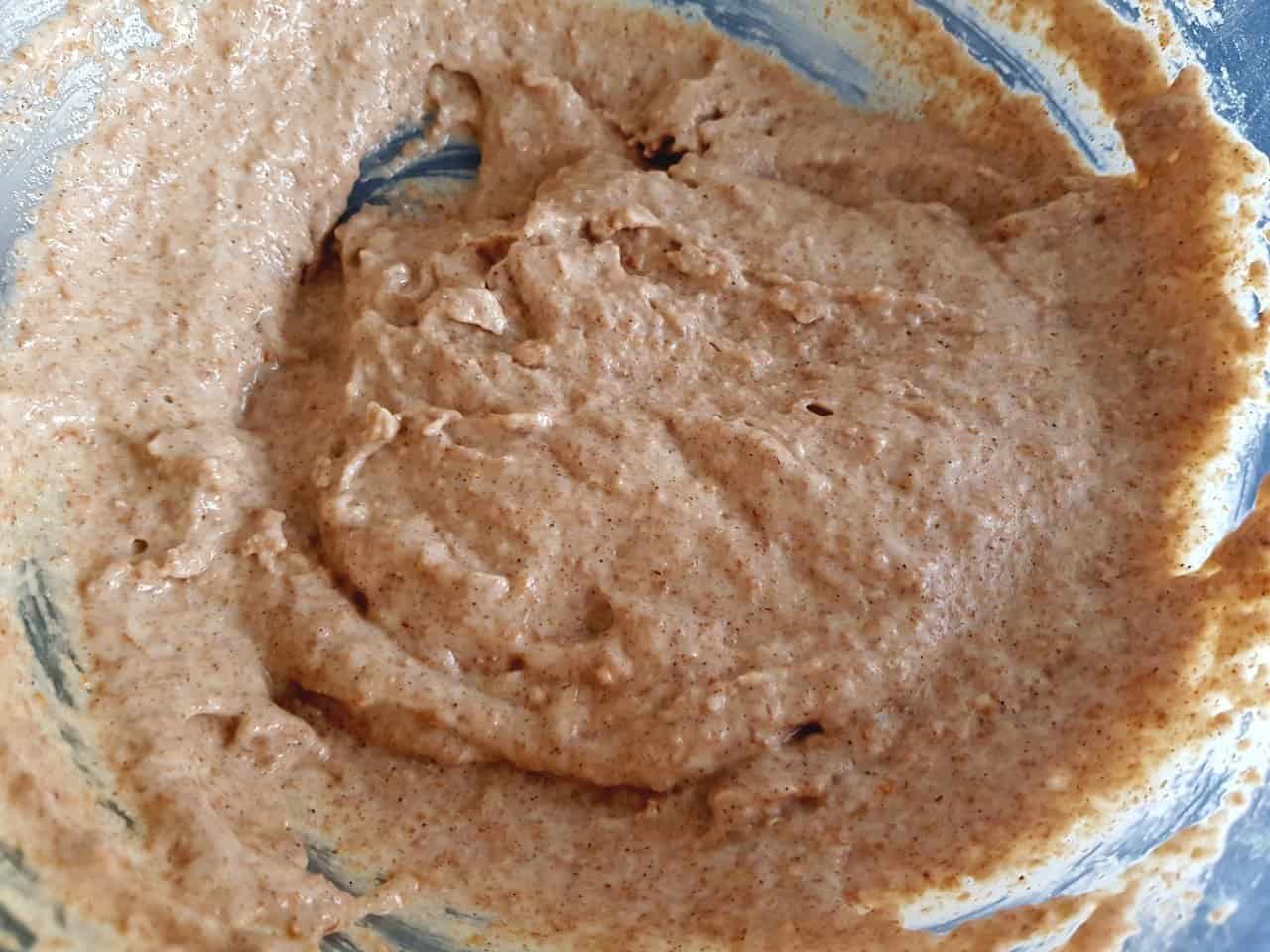 Mixing bowl with pancake batter.