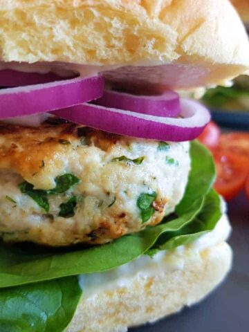 close up of greek turkey burger.