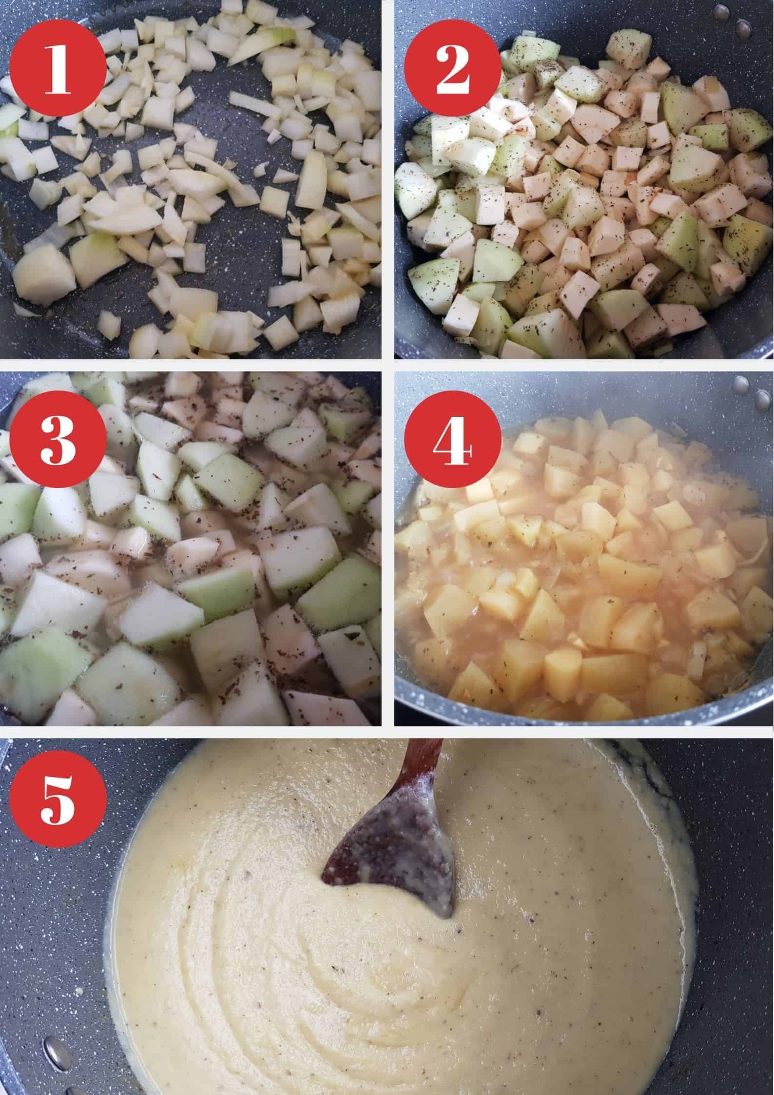 How to step by step infographic on how to make apple and parsnip soup.