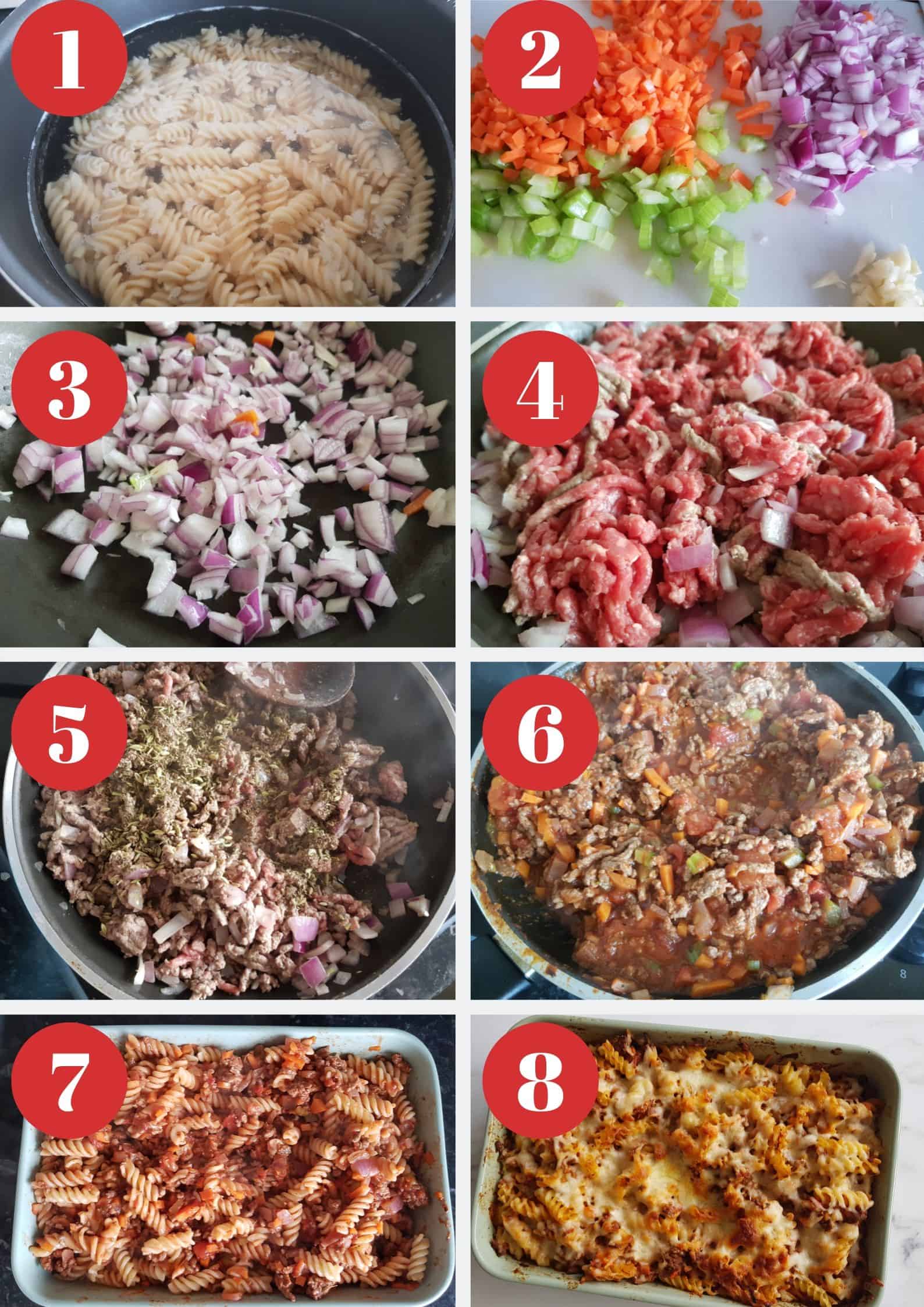 Infographic showing step by step how to make the pasta bake.