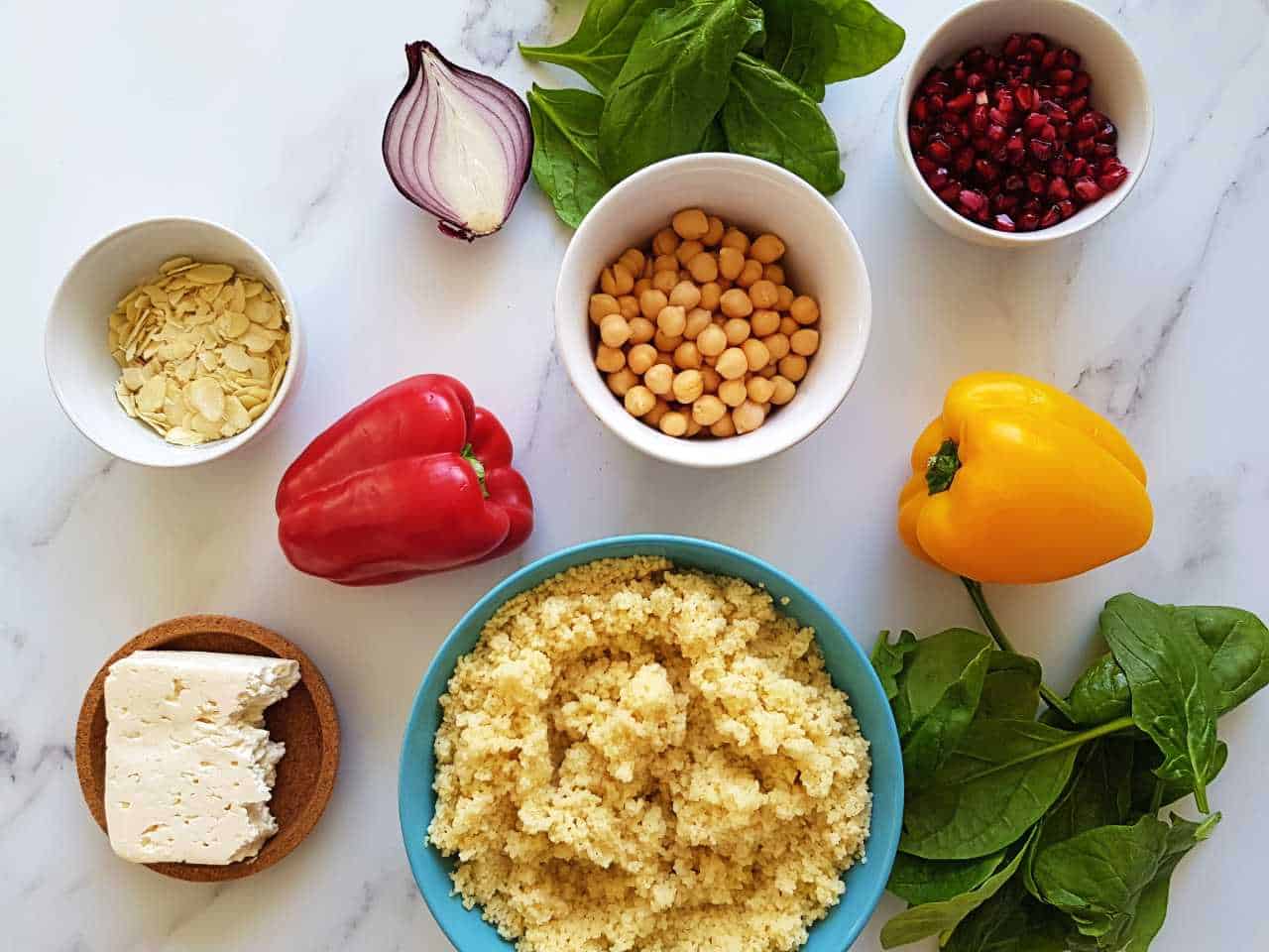 Ingredients for the recipe laid out on a marble table.