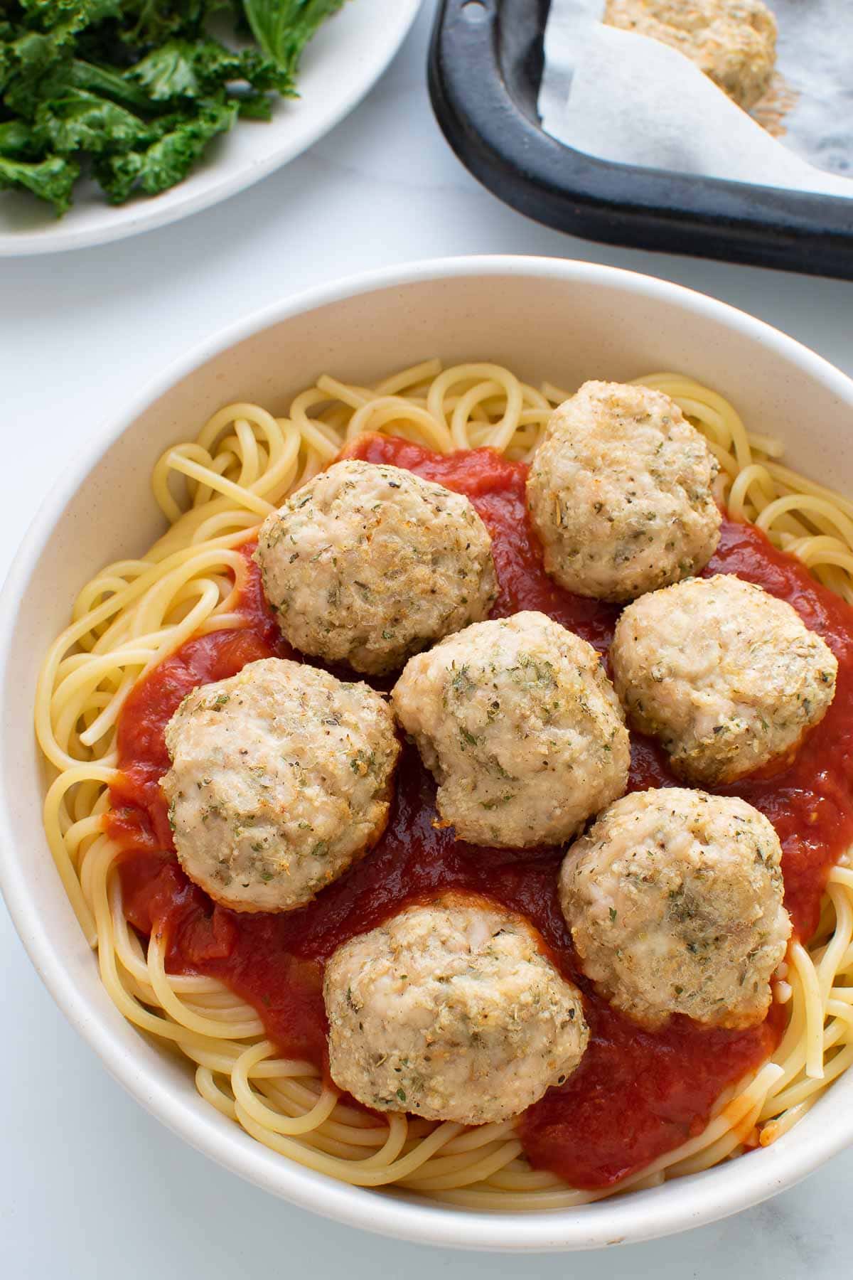 Close up of pasta with turkey meatballs.