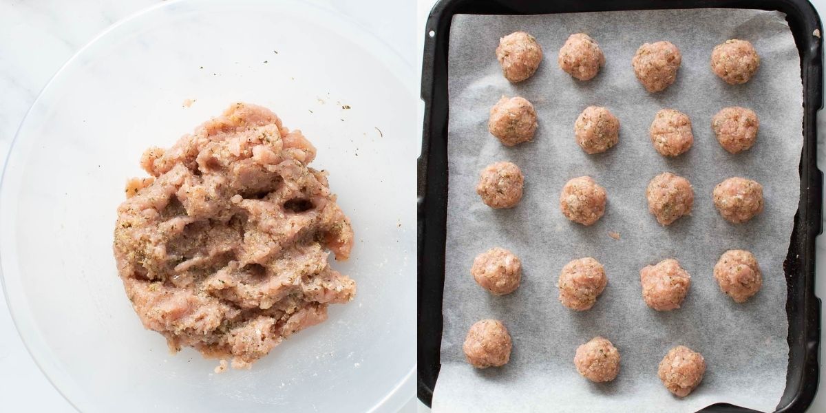 Step by step images showing how to make baked turkey meatballs.