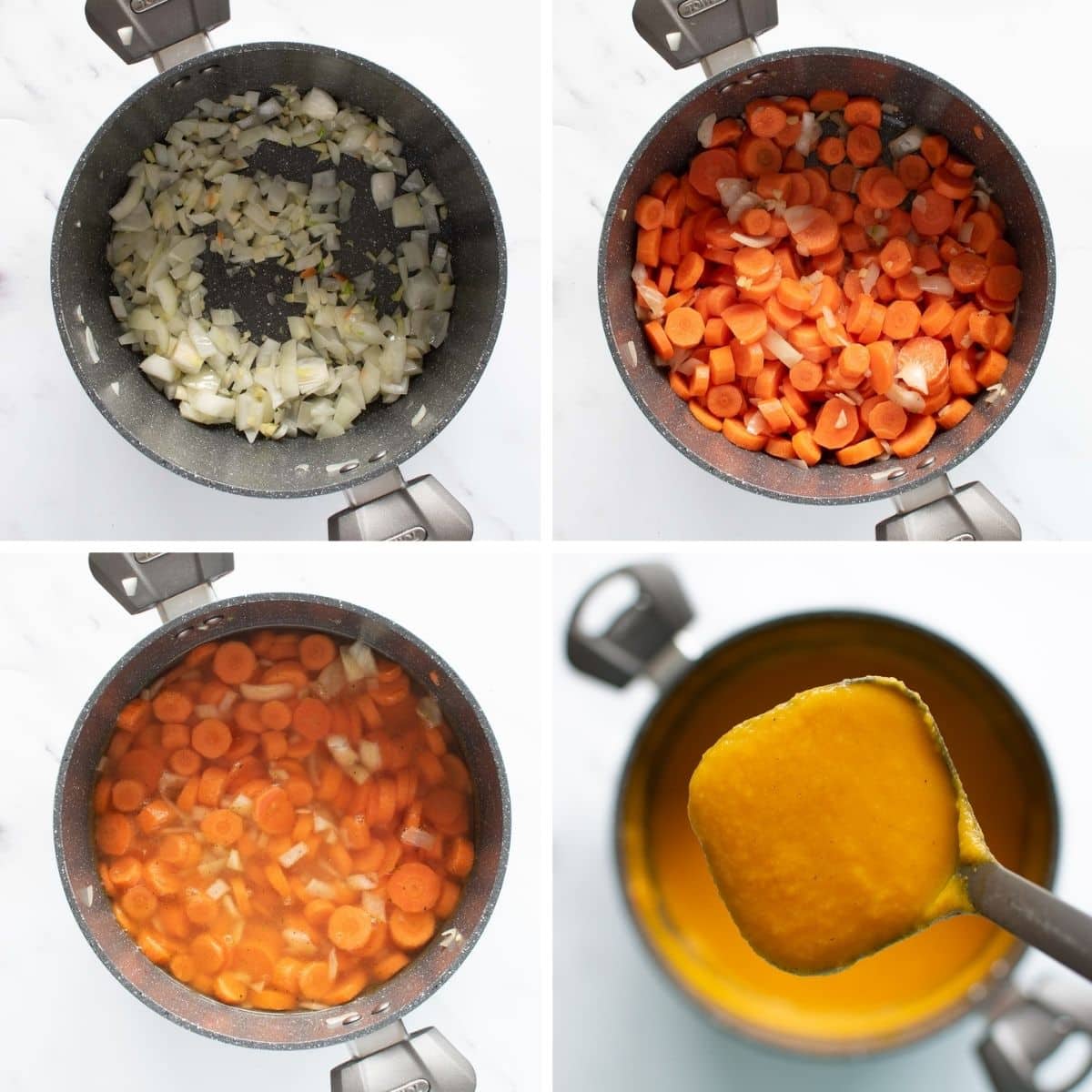 Step by step images showing how to make carrot ginger soup.