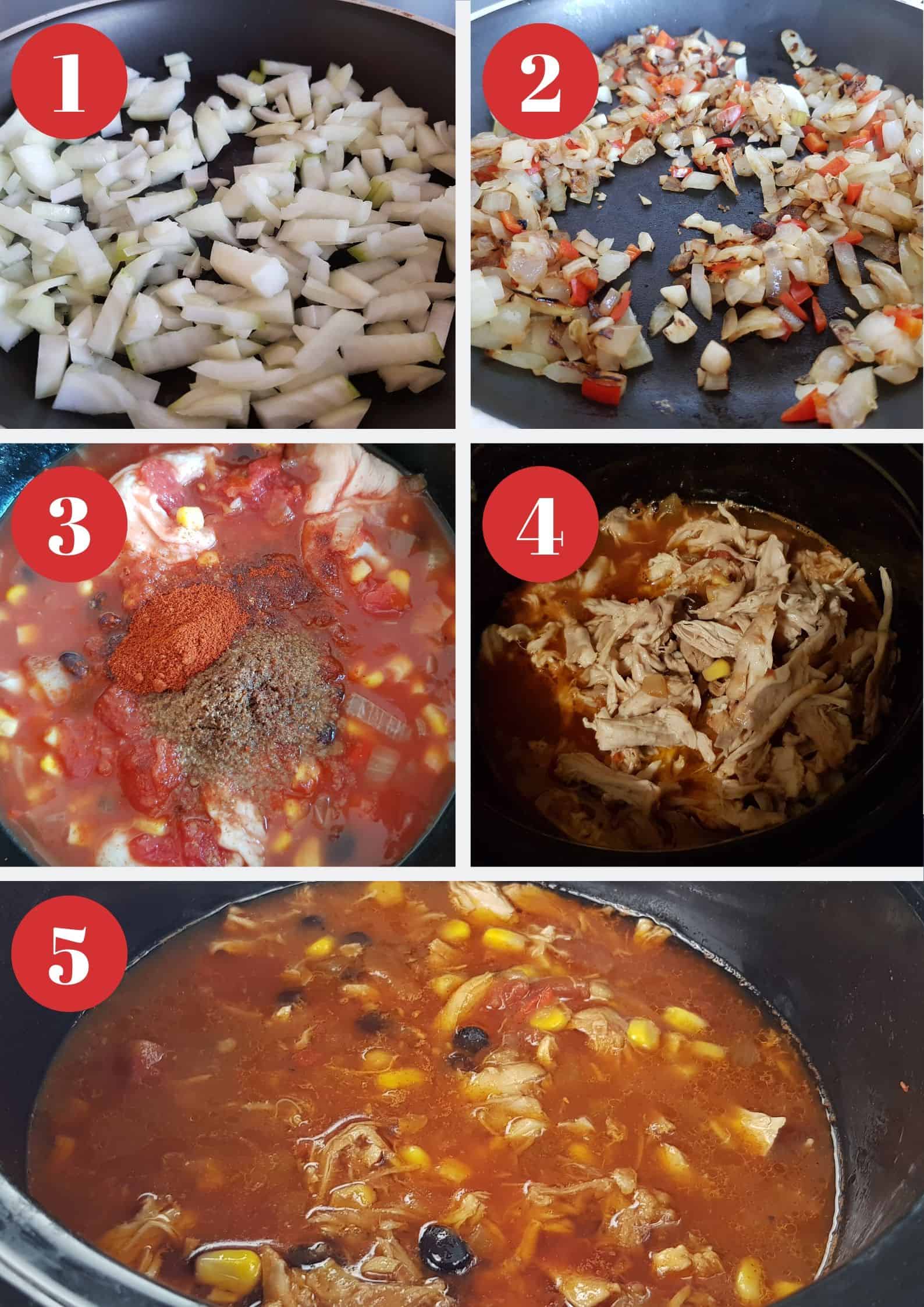 Infographic showing how to make slow cooker taco soup step by step.