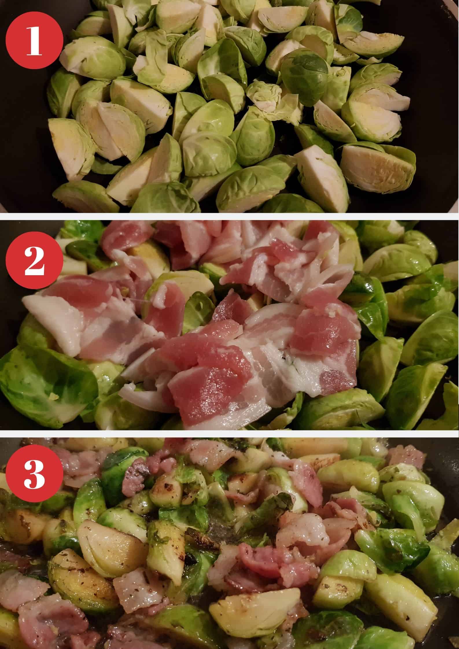 Infographic showing how to make brussels sprouts with bacon