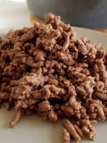 Browned mince on a gray plate.