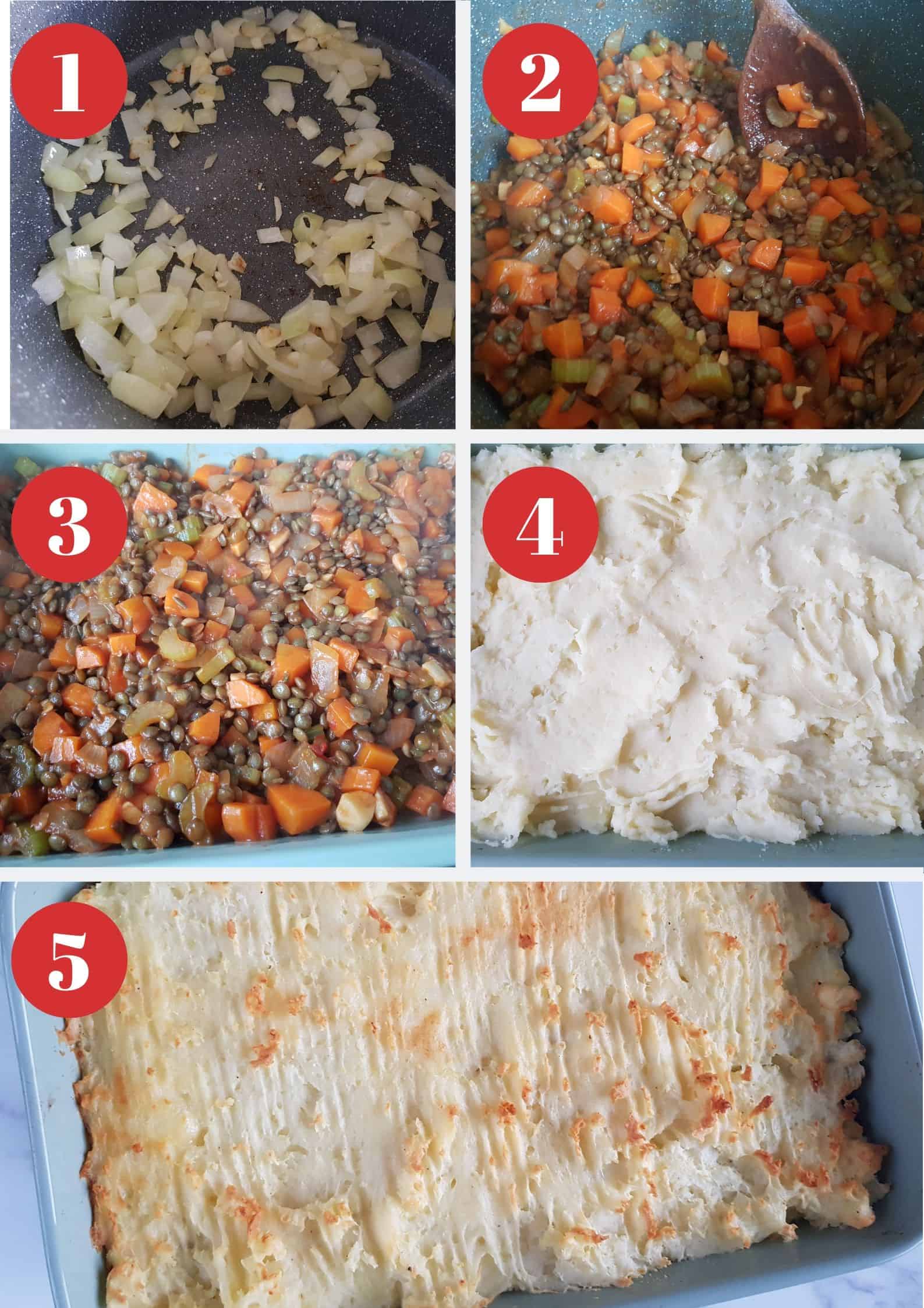 Infographic showing How to make cottage pie with lentils.