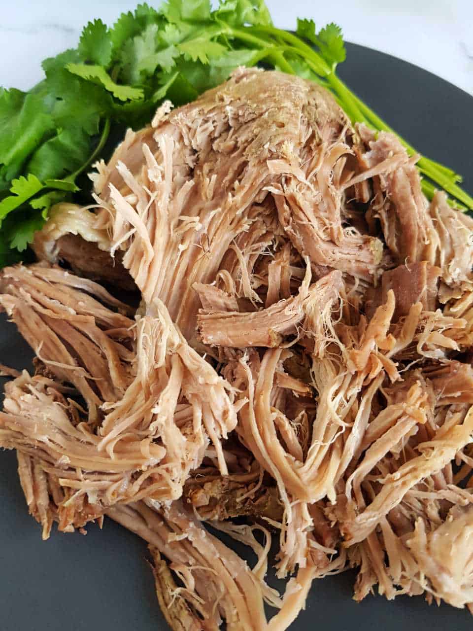 Slow cooker pulled pork on a gray plate with frsh coriander on the side.