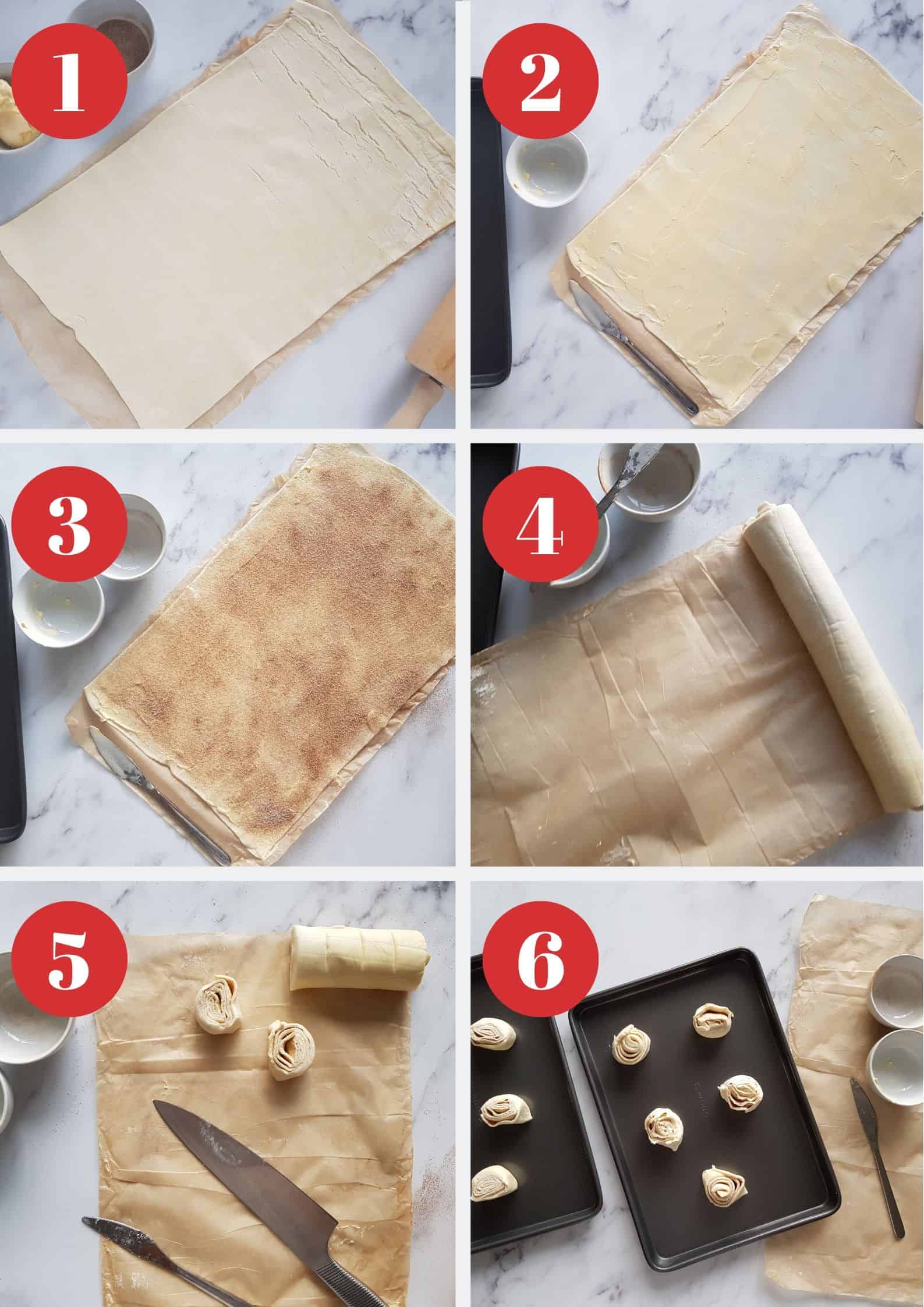 Infographic showing how to make puff pastry cinnamon rolls.