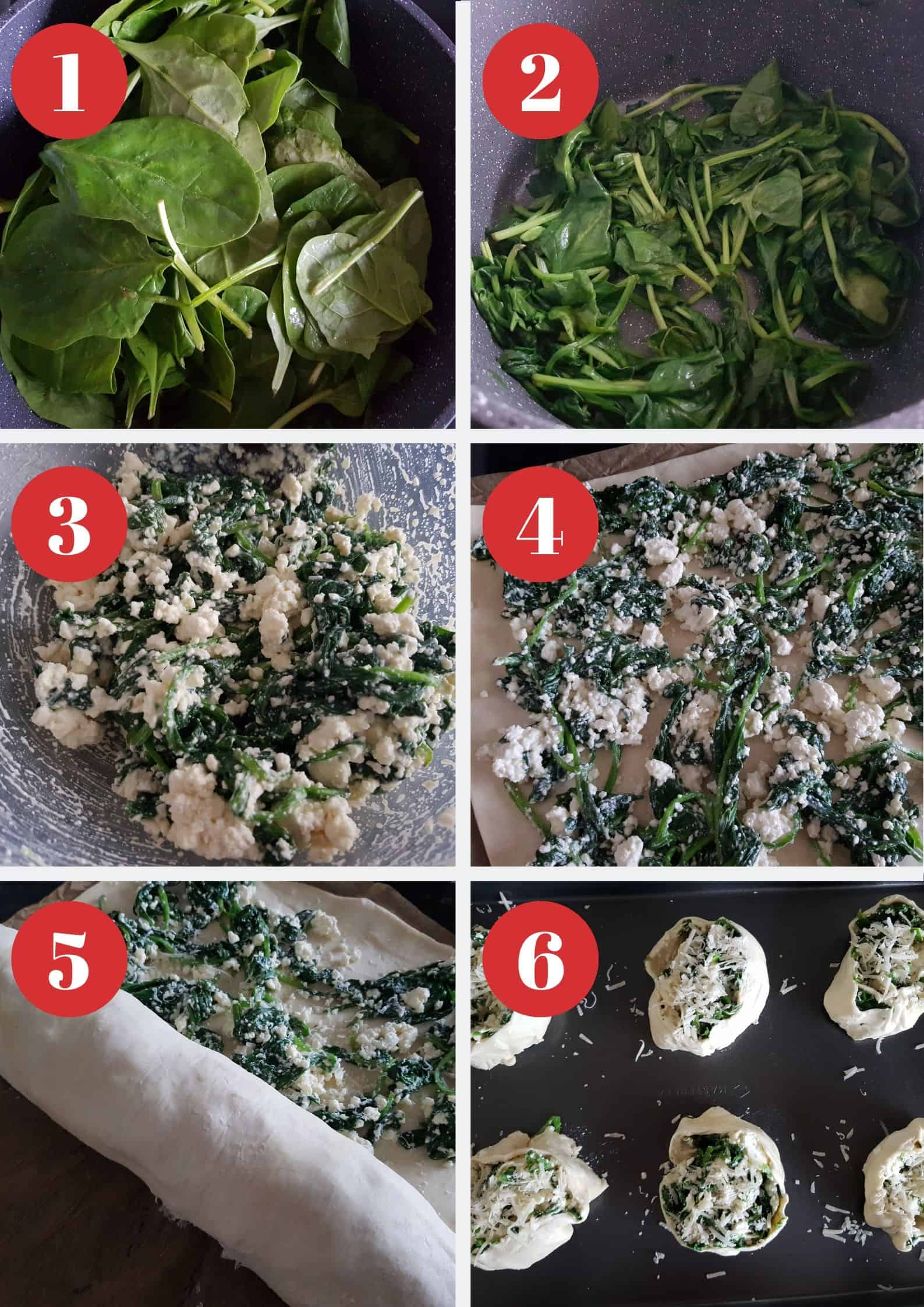 Infographic showing how to make spinach and feta puff pastry pinwheels.