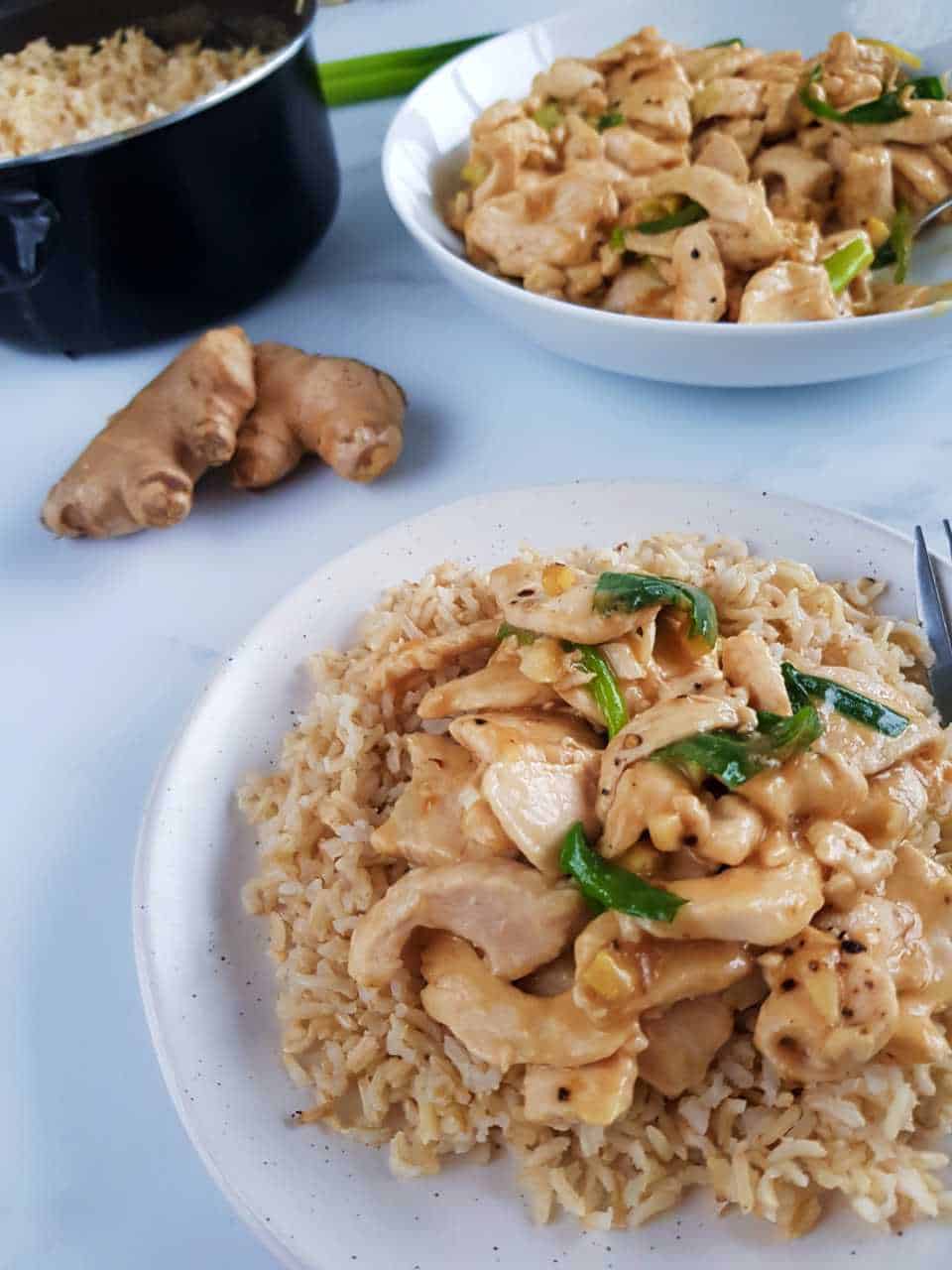 Ginger and spring onion chicken in a bowl over rice.