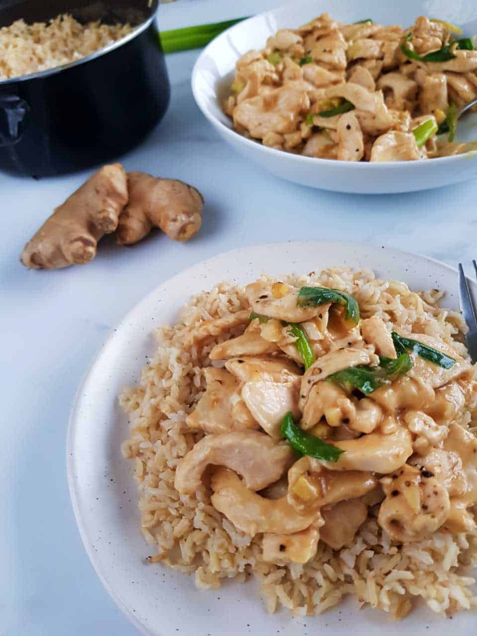 Ginger and spring onion chicken in a bowl over rice.