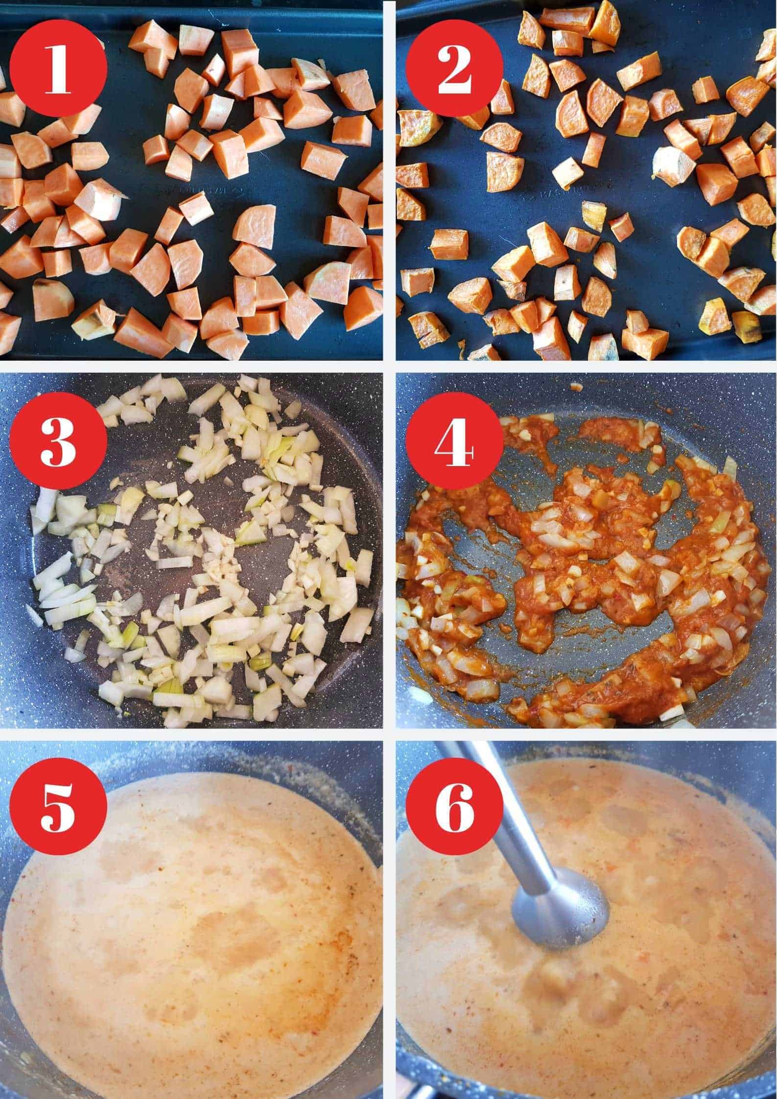 Infographic showing How to make Thai curried sweet potato and coconut soup.