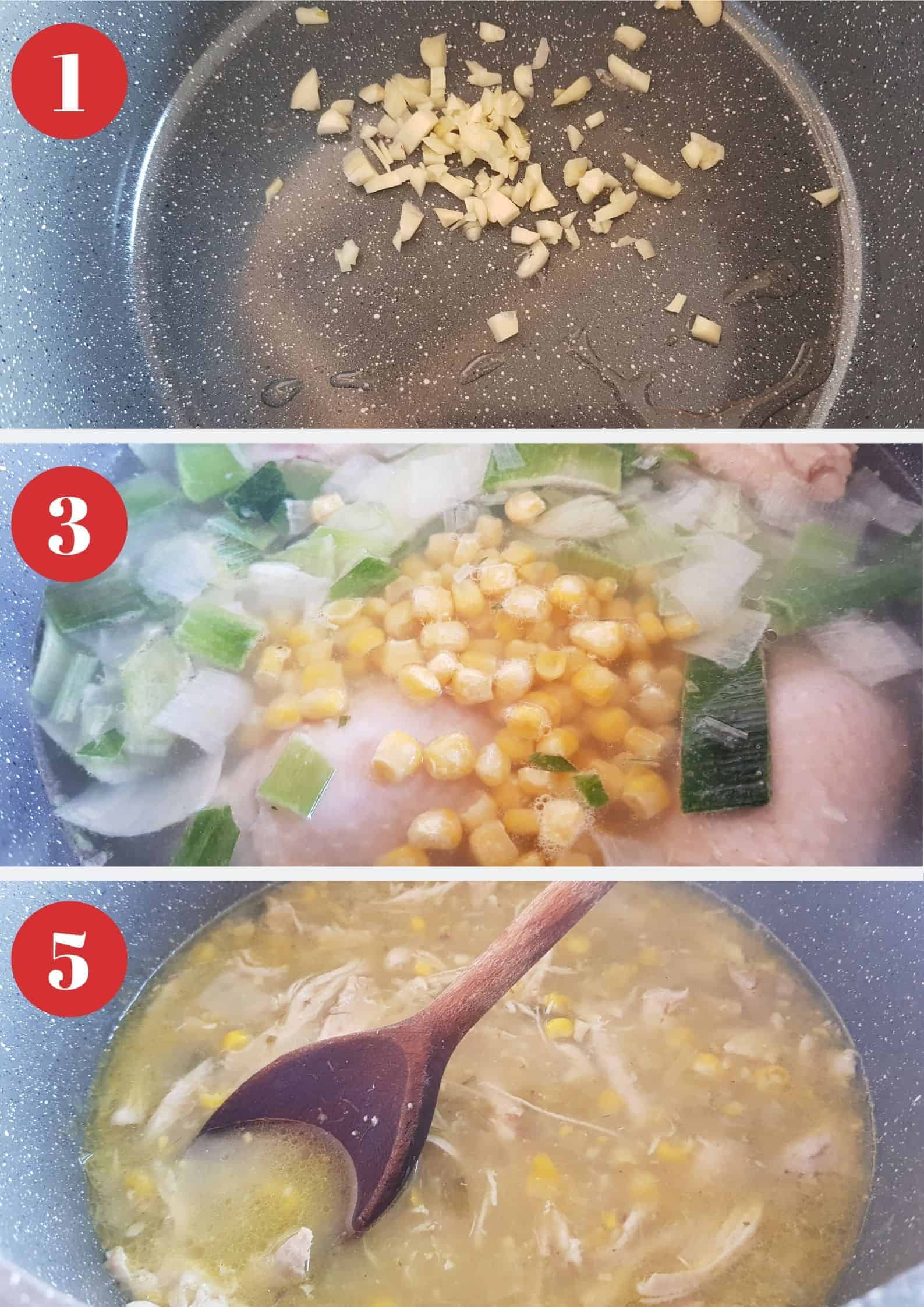 Infographic showing How to make chicken and sweetcorn soup.