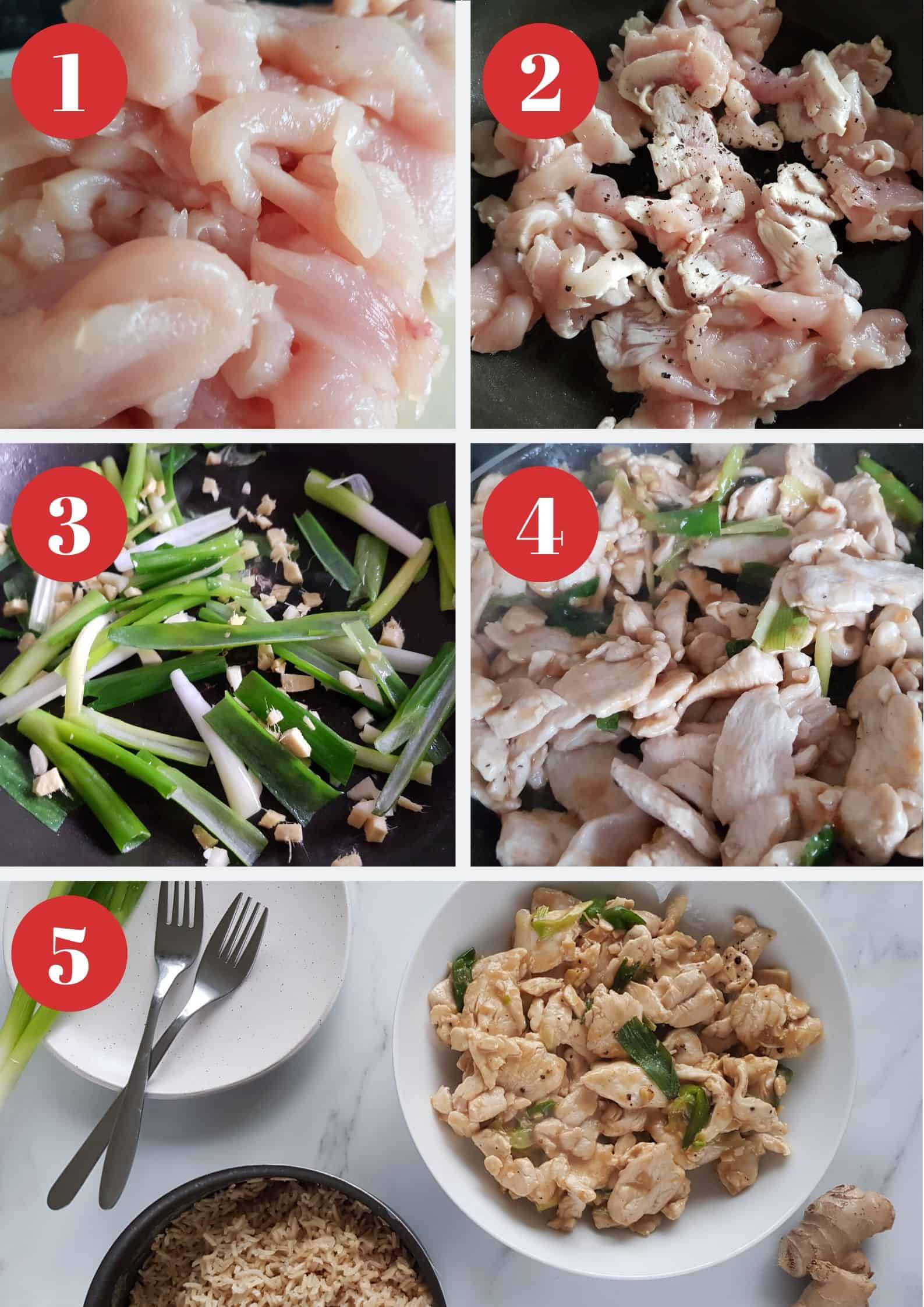 Infographic showing how to make ginger and spring onion chicken.