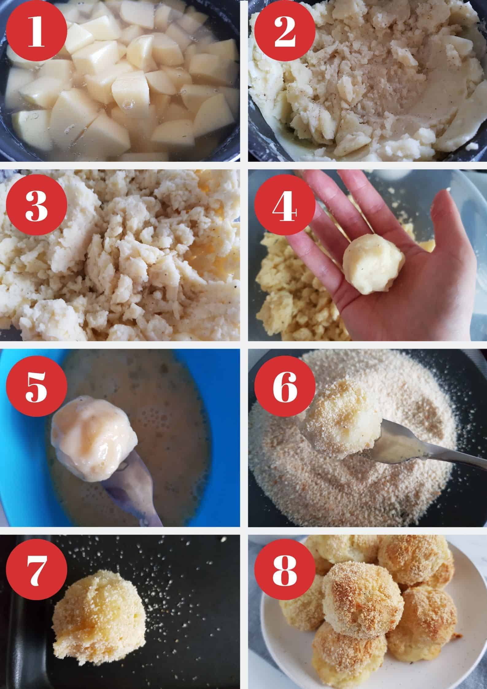 Infographic showing how to make potato and cheese balls.