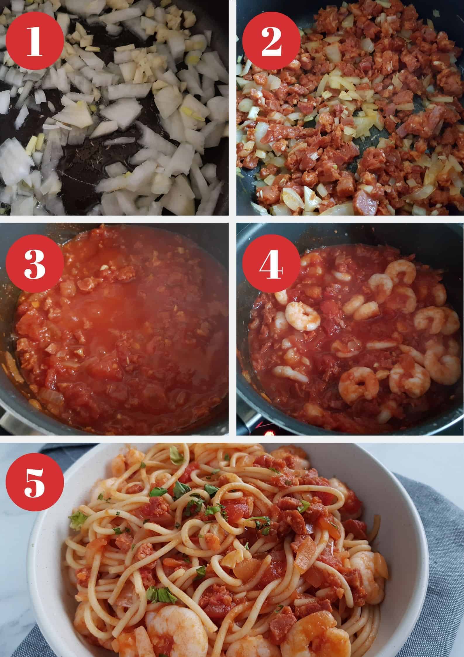 Infographic showing how to make prawn and chorizo pasta.