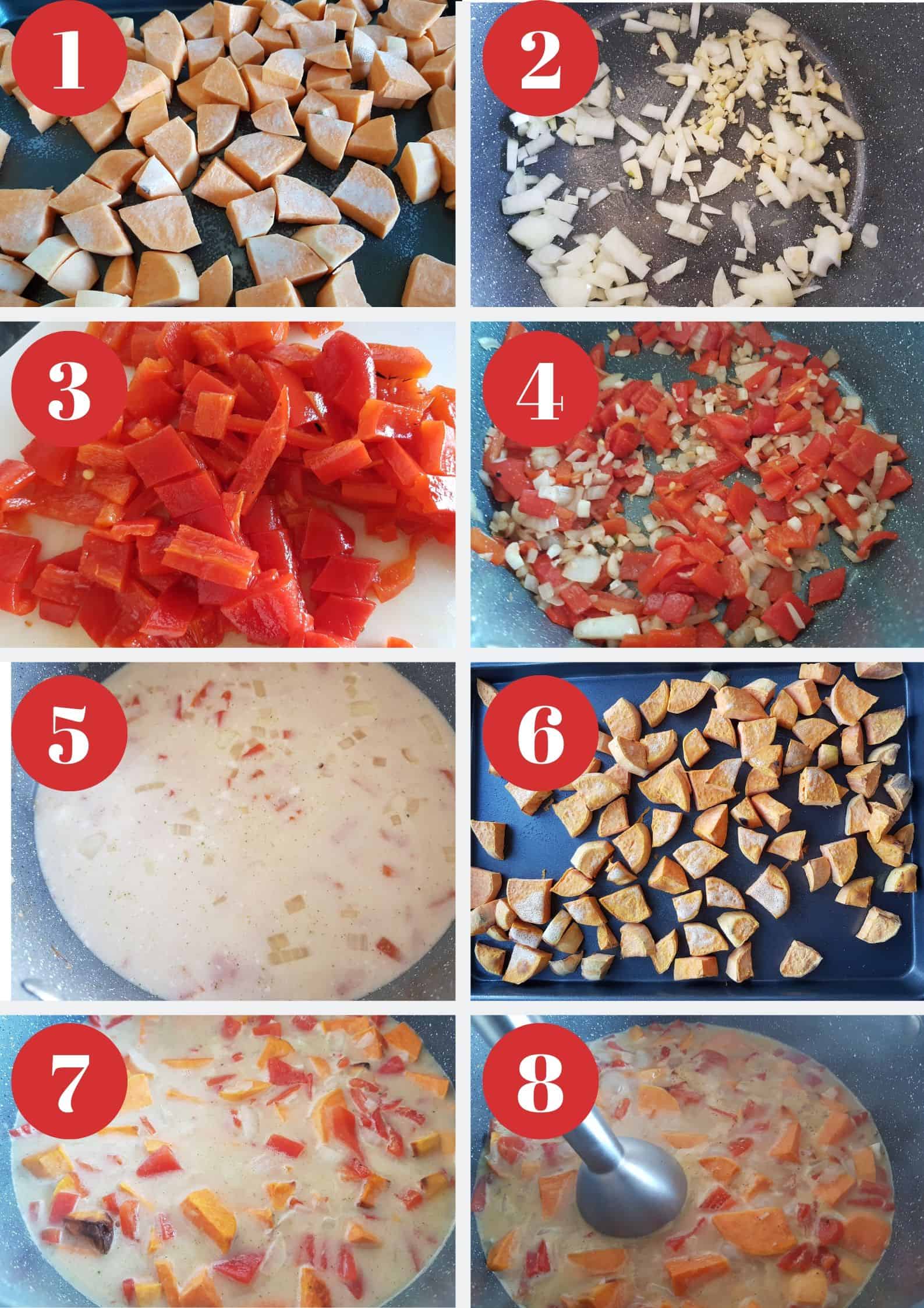 Infographic showing how to make roasted red pepper and sweet potato soup.