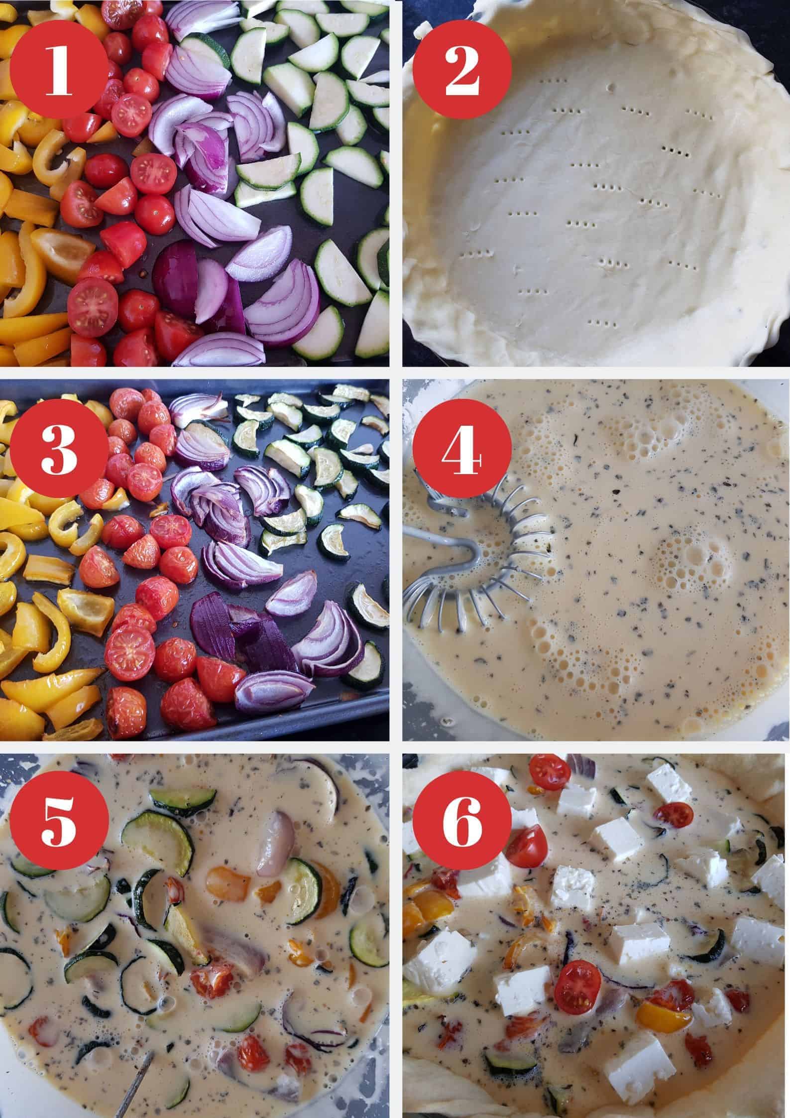 Infographic showing How to make roasted vegetable and feta quiche.