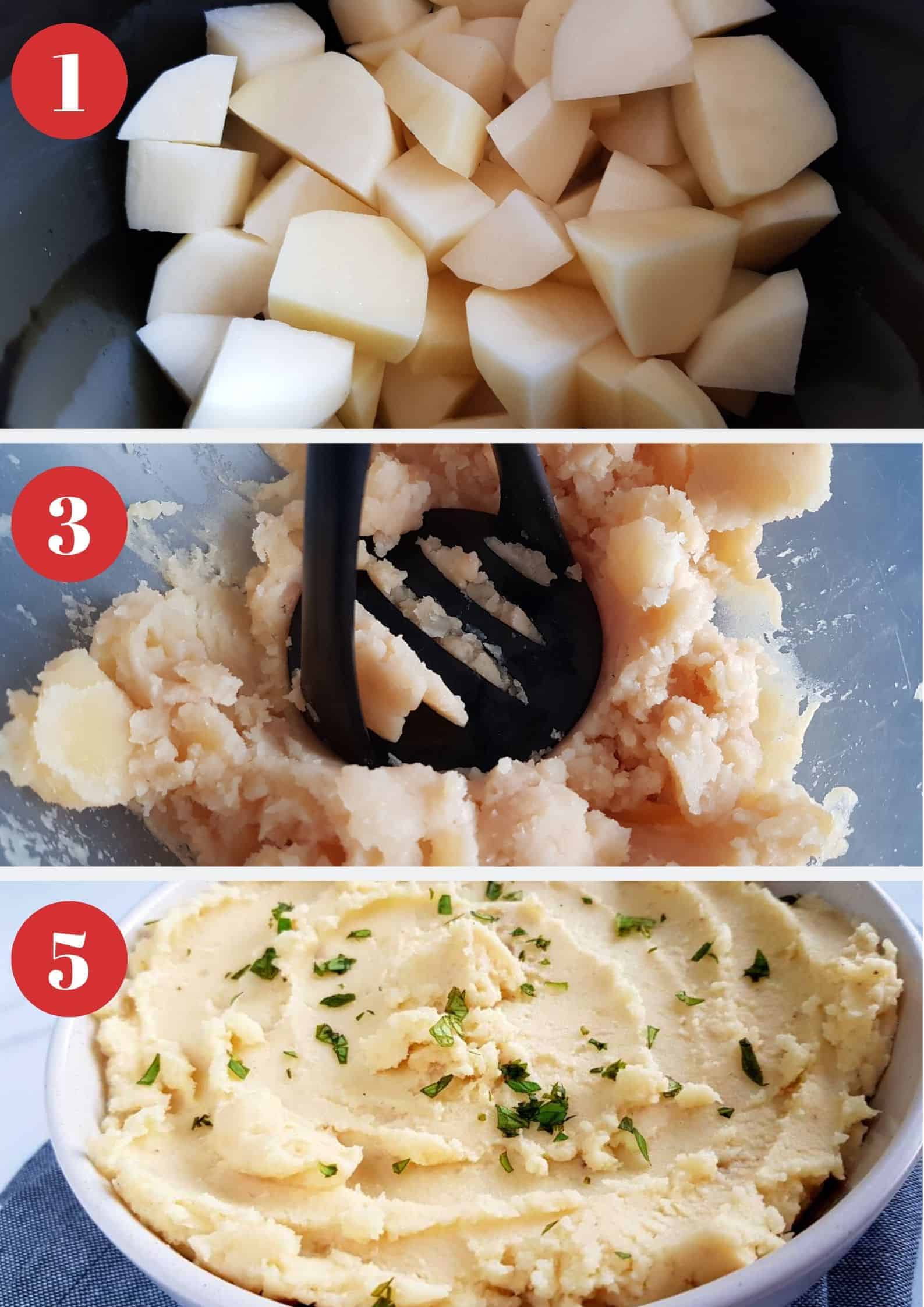 Infographic showing how to make slow cooker mashed potatoes.