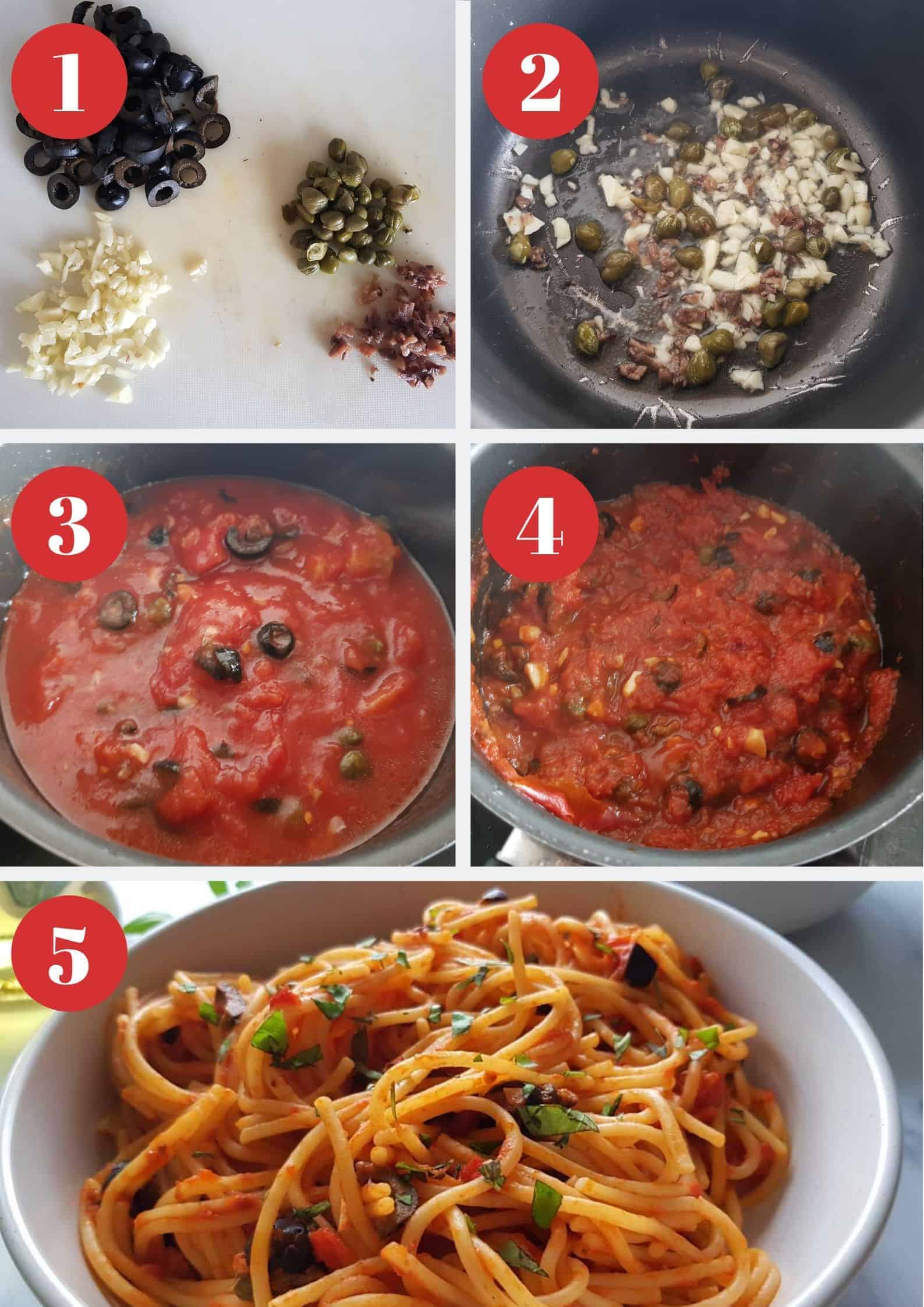 Infographic showing How to make spaghetti alla puttanesca.