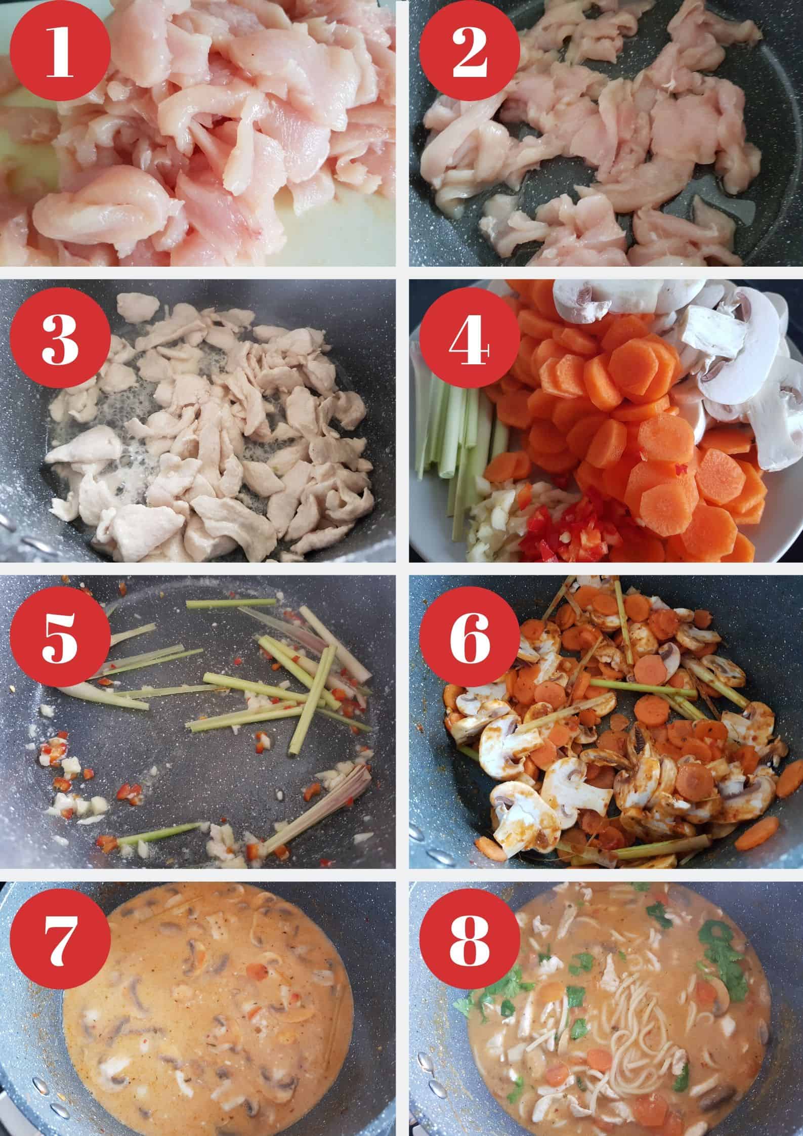 Infographic showing How to make thai chicken noodle soup.