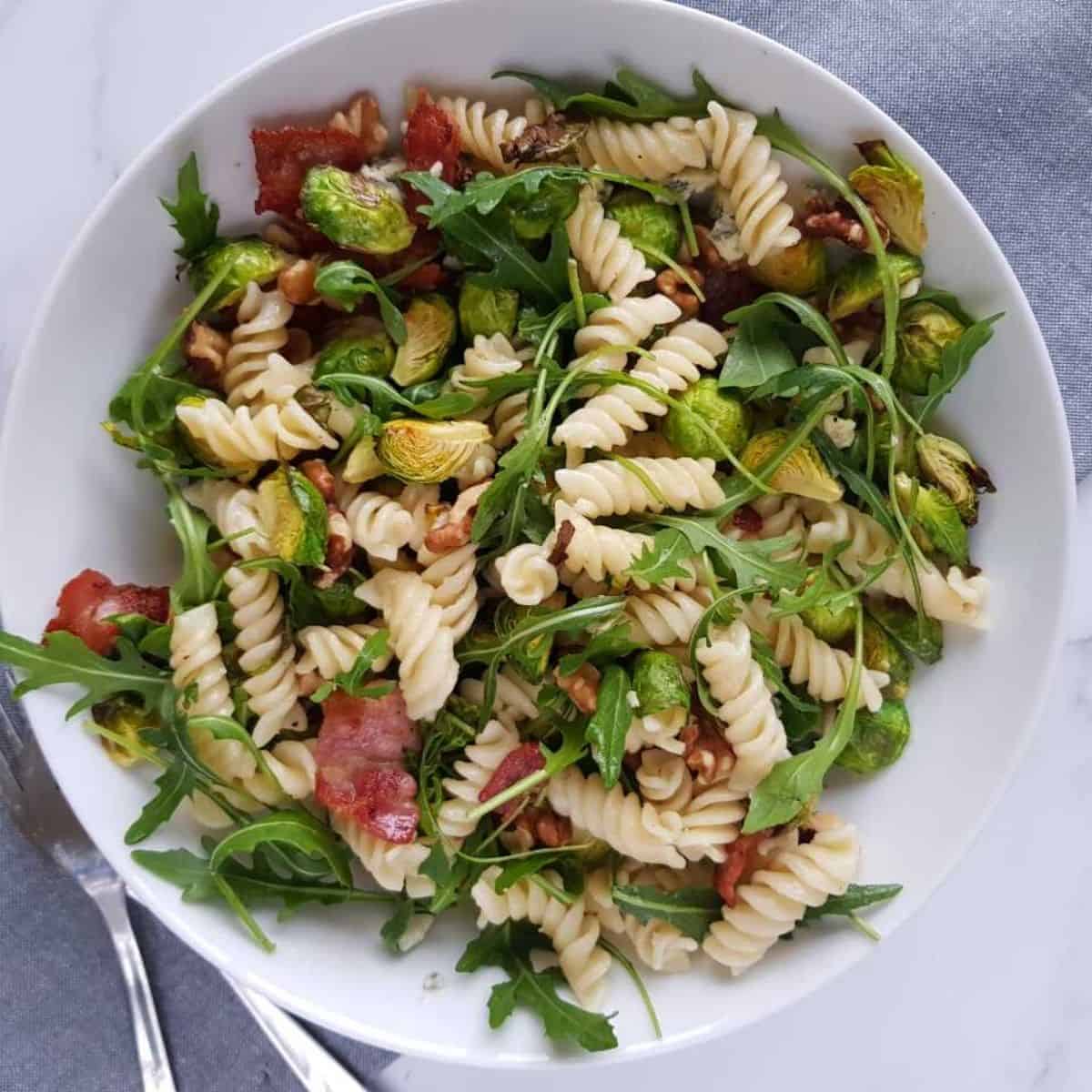 Pasta salad with roasted brussels sprouts and bacon Hint of Healthy