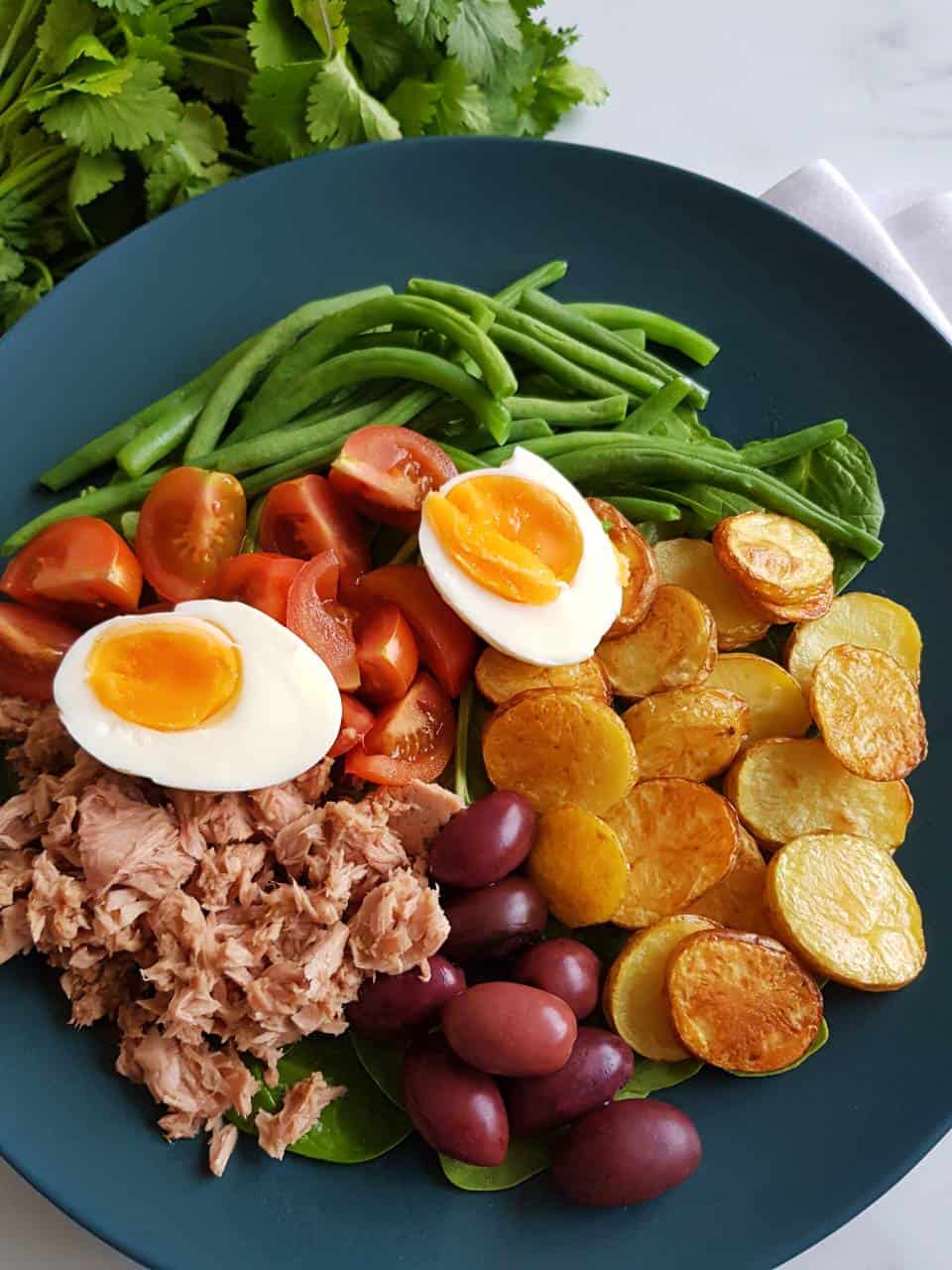 Salade nicoise on a blue plate.