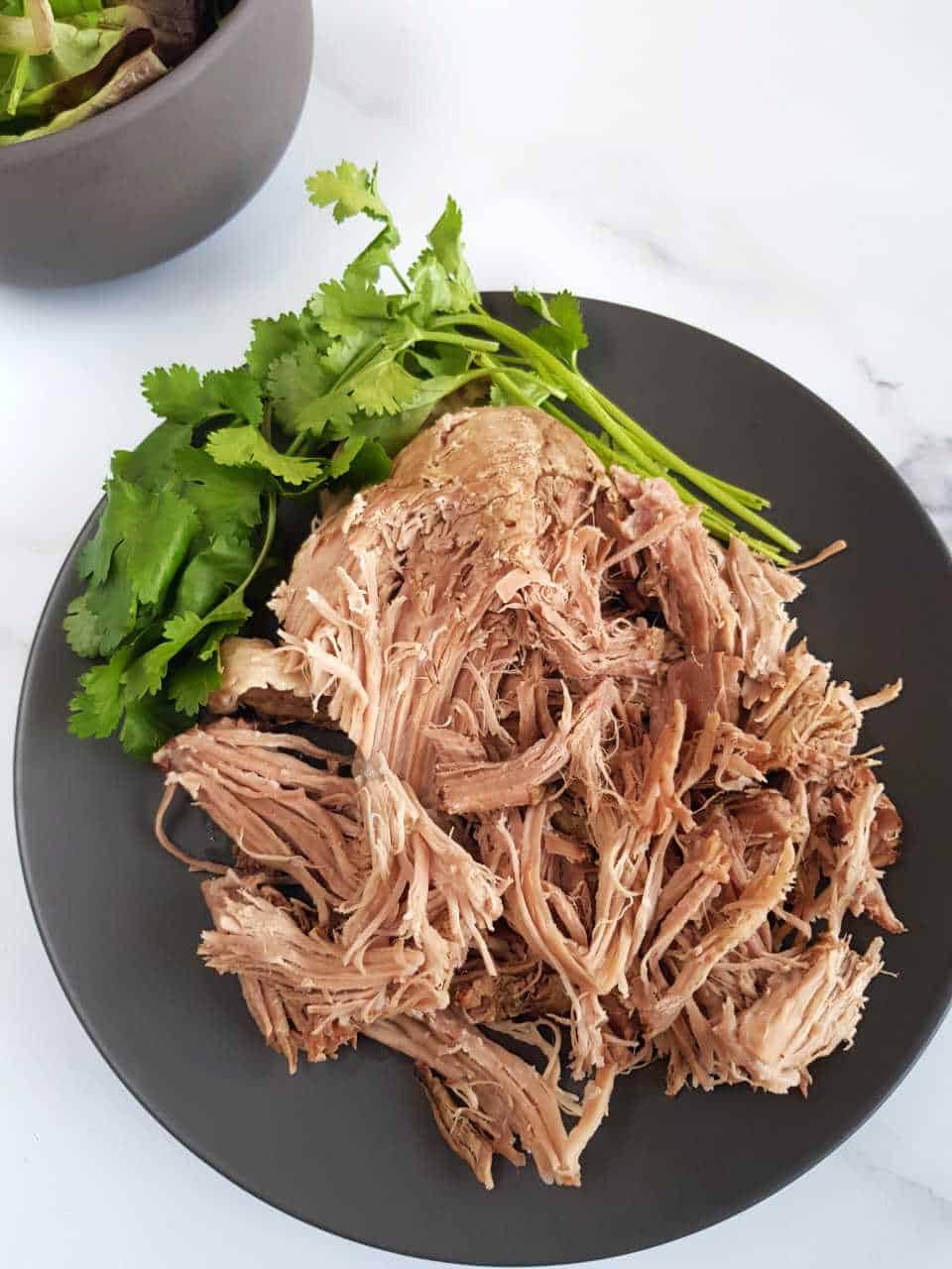 Pulled pork on a gray plate on a marble table with fresh herbs on the side.