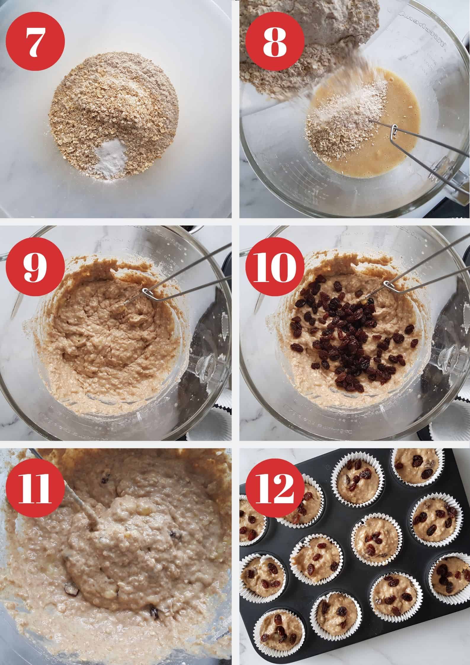 Infographic showing how to make banana oat muffins with raisins.