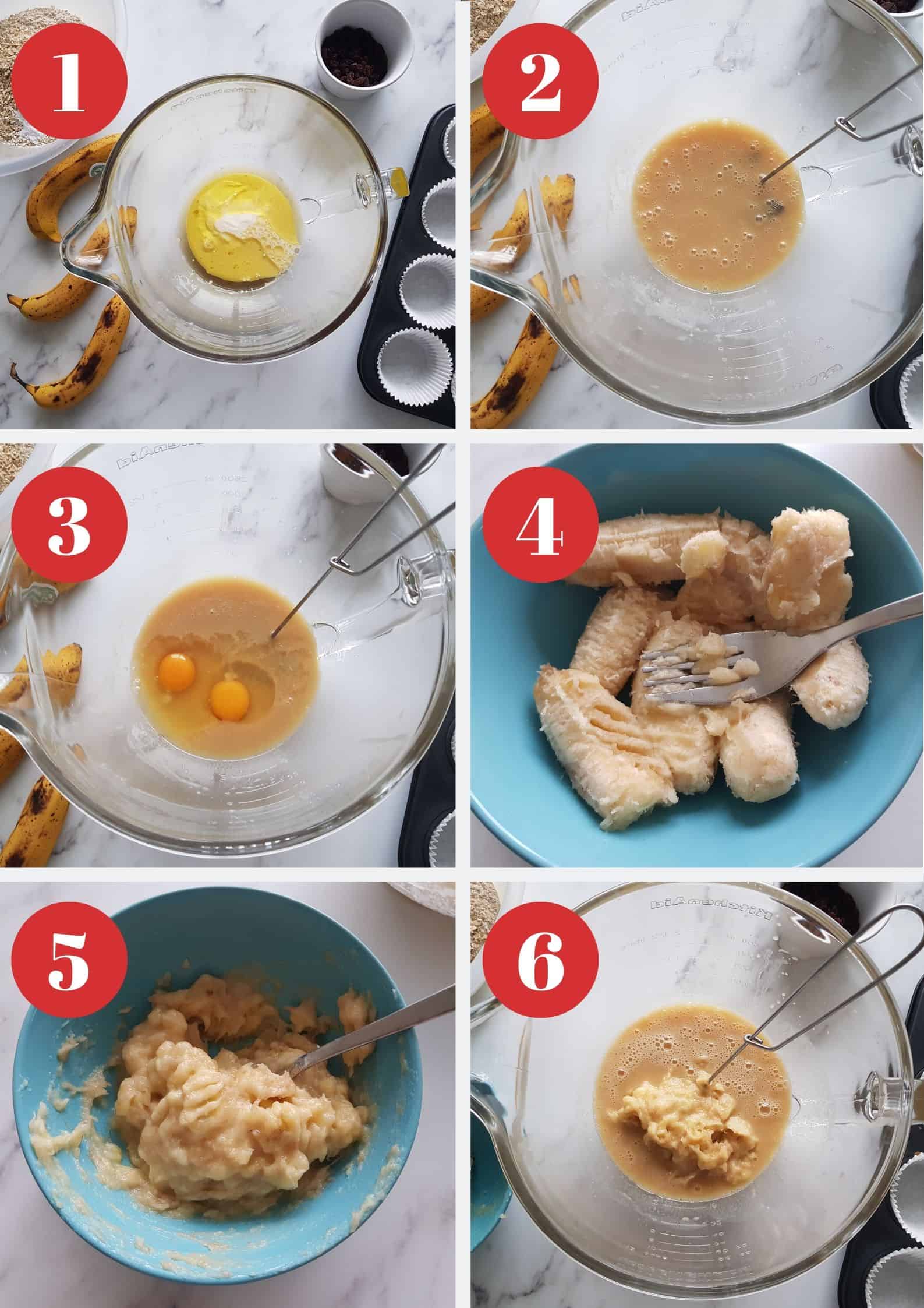 Infographic showing how to make banana oat muffins with raisins.