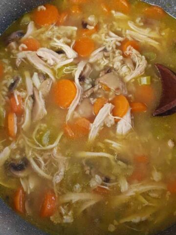 chicken and rice soup with carrots and mushrooms.