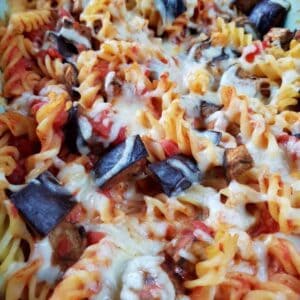 Eggplant and mozzarella pasta bake.