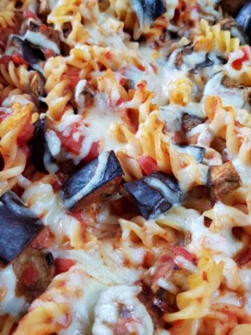 Eggplant and mozzarella pasta bake.